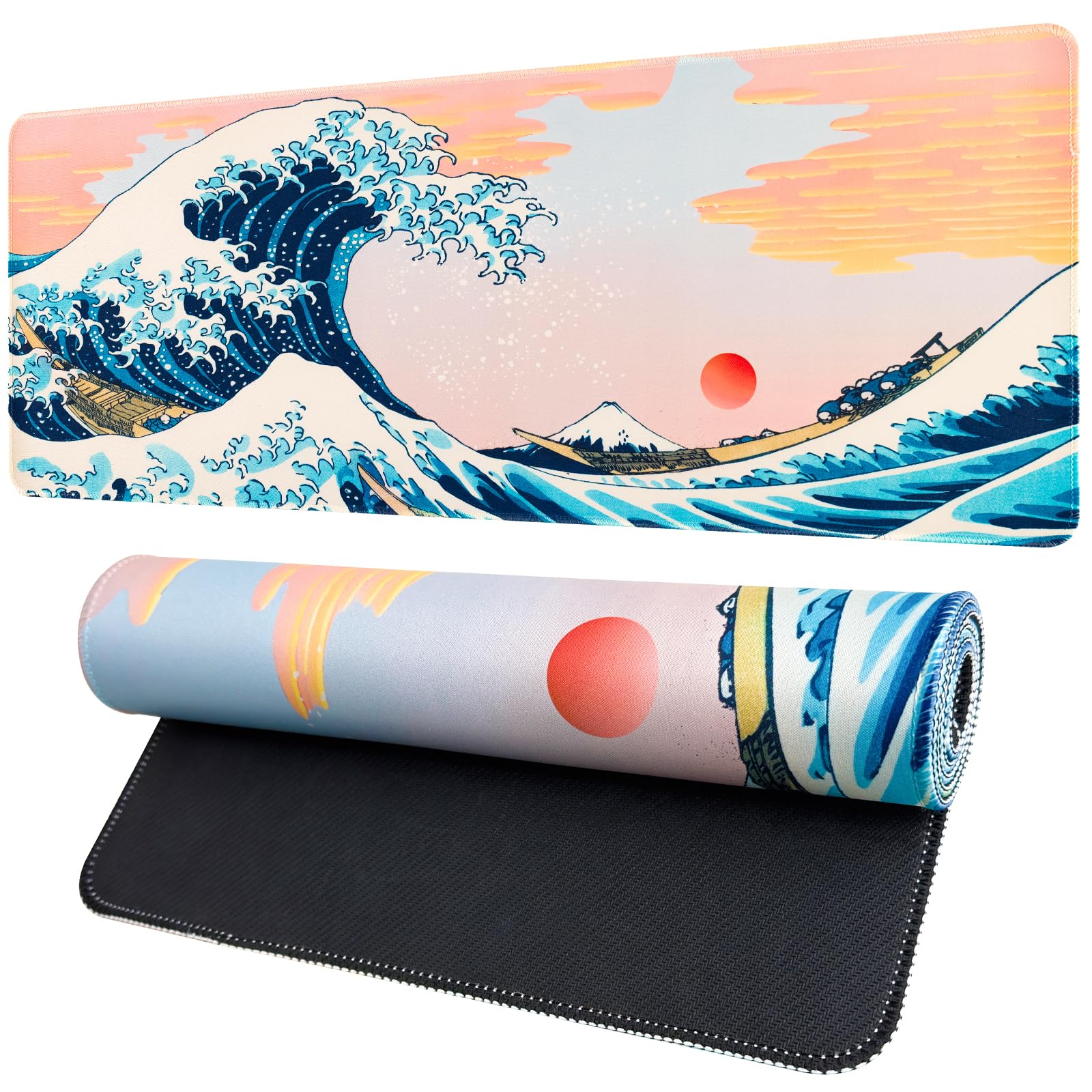 Vanzard Japanese Mouse Pad,Large Gaming Mousepads for Desk, Summer Sea Wave Keyboard Pad,Non-Slip Rubber Base Mouse Mat for Scho