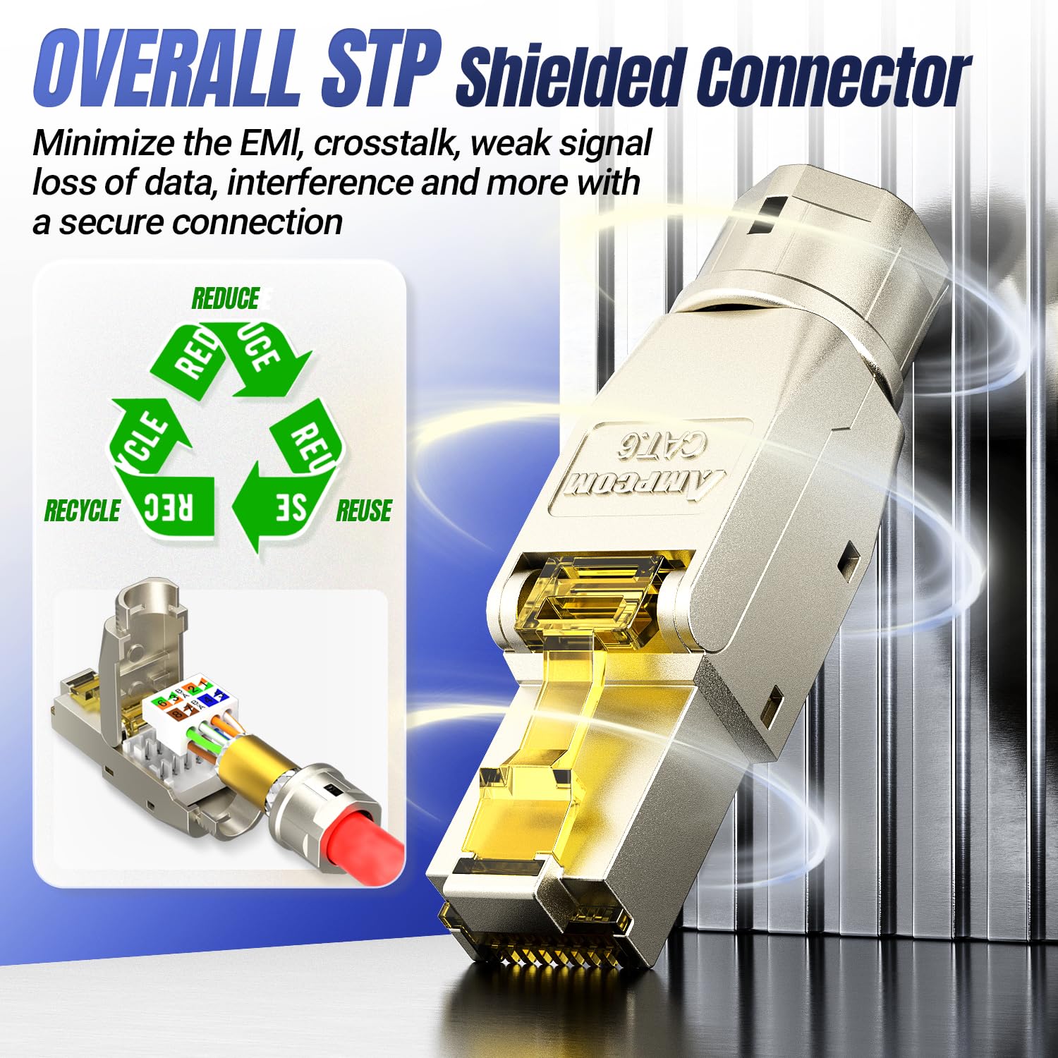Ampcom Stp Cat6 Rj45 Connector Zinc Alloy Tool Free Ethernet Field Termination Modular Plug  12 Pack
