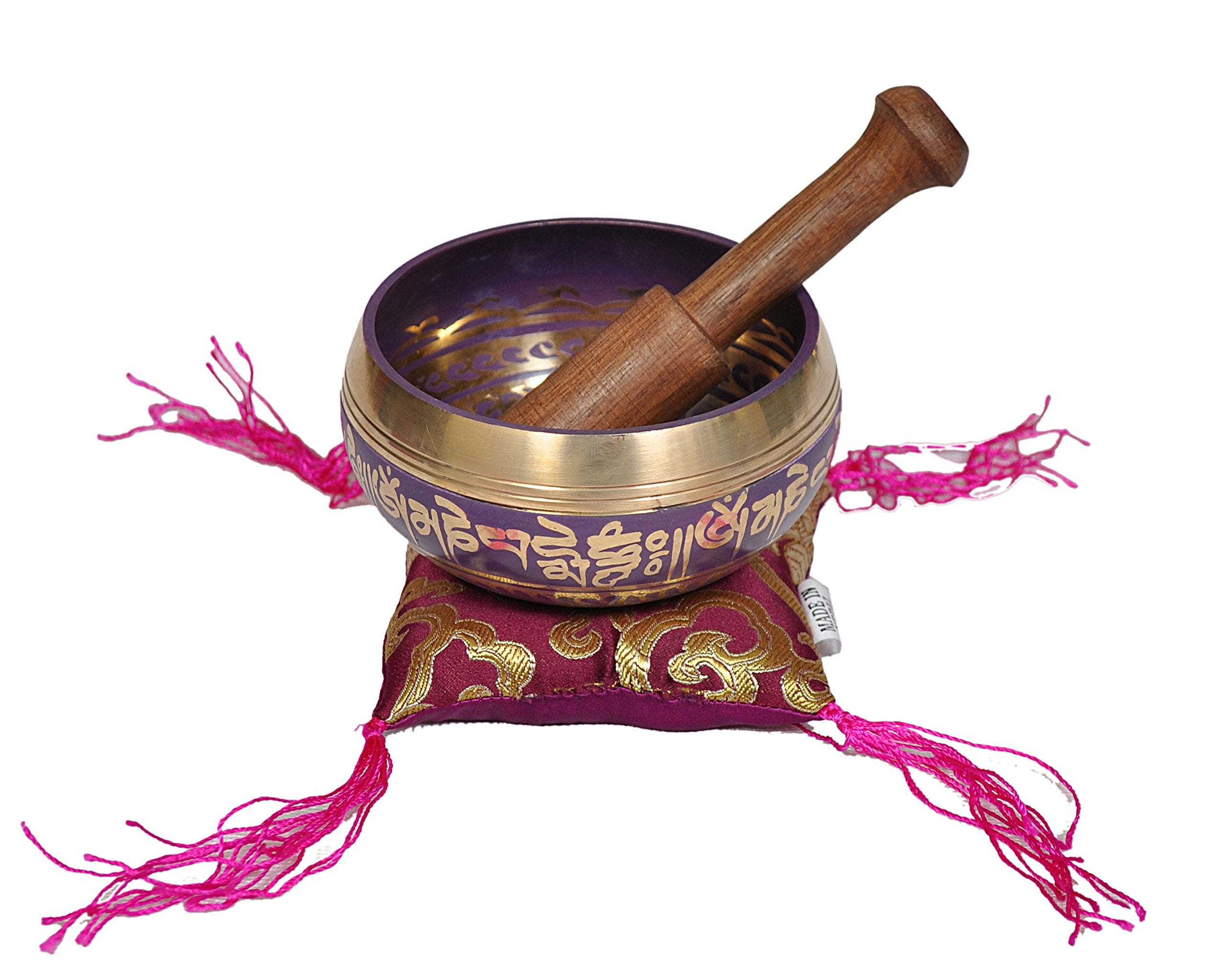 Tibetan Singing Bowl Set By Dharma Store   With Traditional Design Tibetan Buddhist Prayer Flag   Handmade In Nepal (Purple)