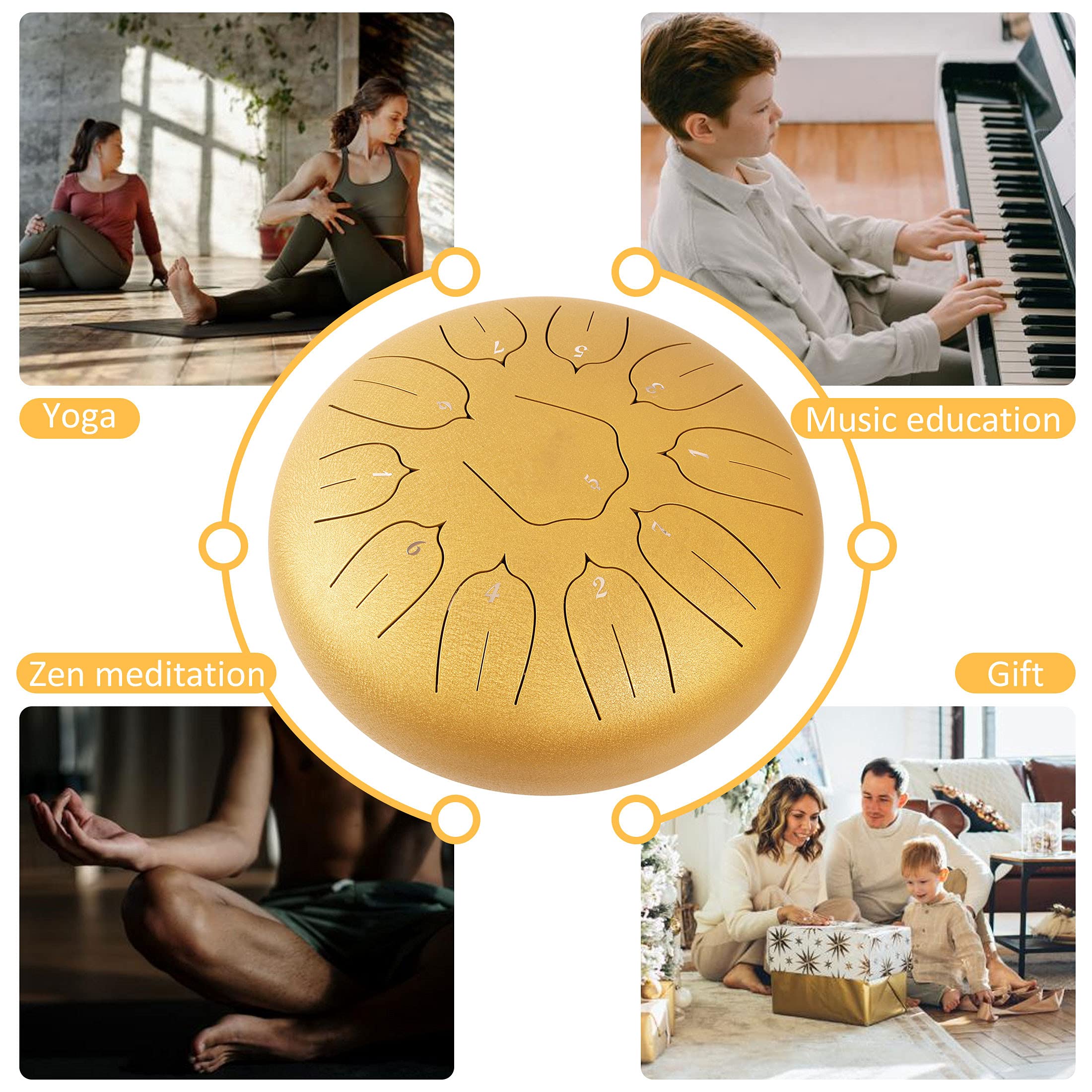 Lomuty 12 Inches 11 Notes Steel Tongue Drum Percussion Instrument  Handpan Drum With Bag, Music Book, Mallets, Finger Picks Gold