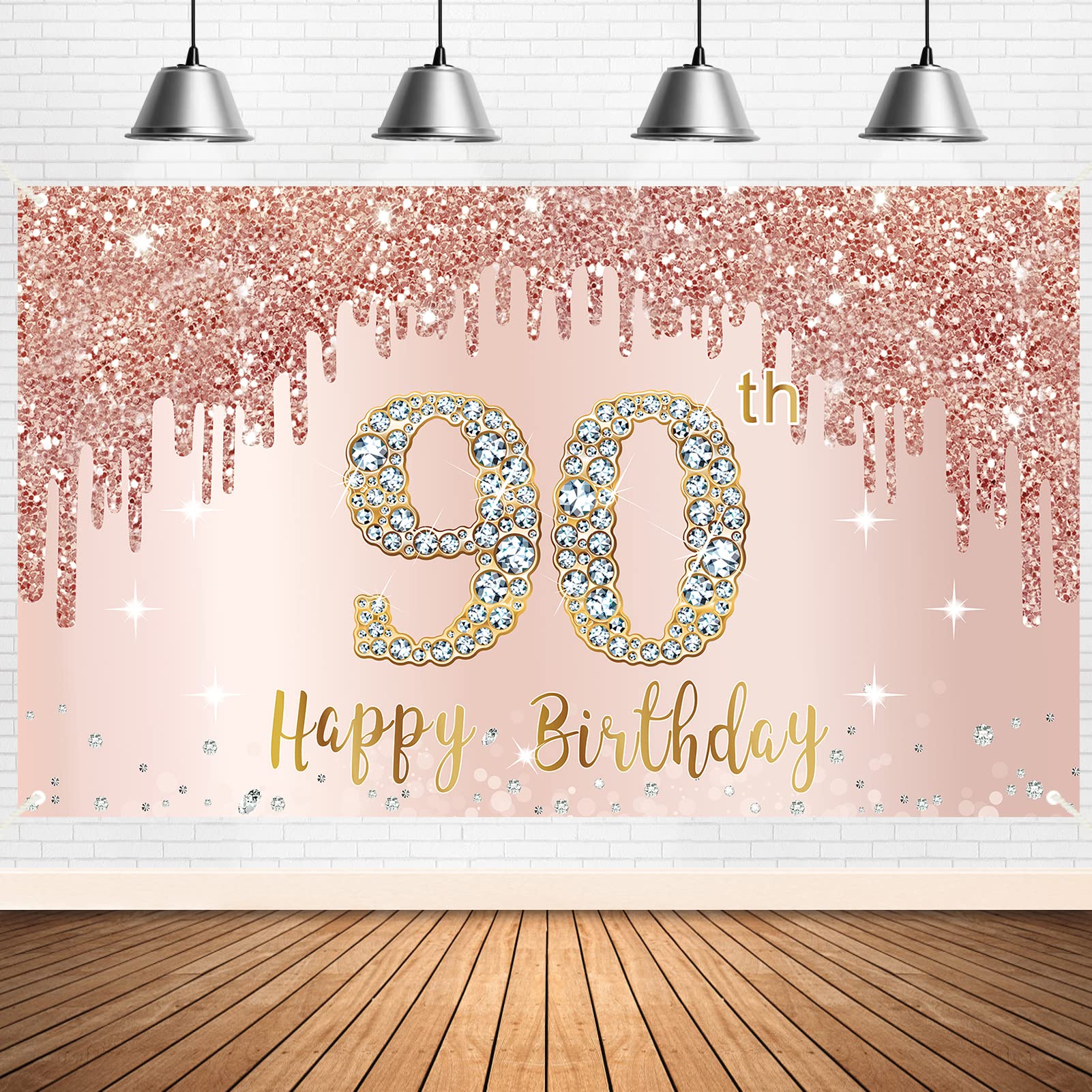 Happy 90Th Birthday Banner Backdrop Decorations For Women, Rose Gold 90 Birthday Party Sign Supplies, Pink 90 Year Old Birthday