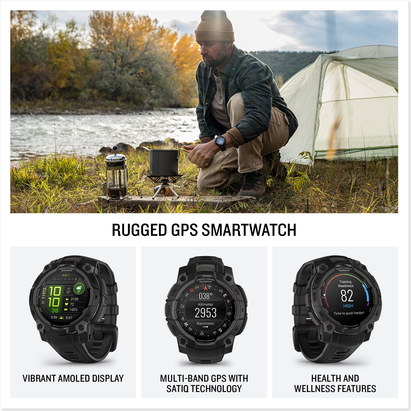 Garmin Instinct? 3 45Mm, Amoled Display, Rugged Outdoor Gps Smartwatch, Metal Reinforced Bezel, Built In Flashlight, Up To 18 Da