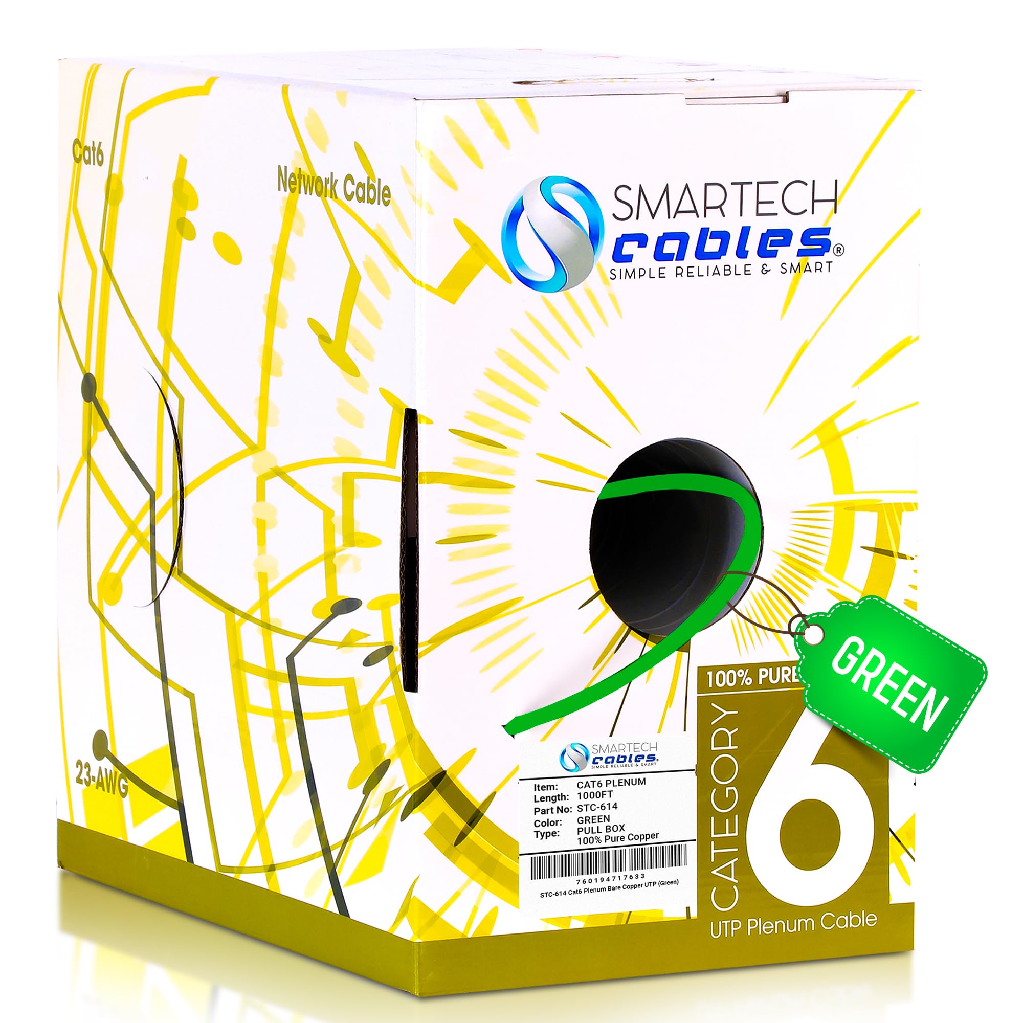 Cat6 Plenum (Cmp) 1000Ft Bulk Ethernet Cable | Certified 100% Pure Solid Bare Copper | 550Mhz, 23Awg, Utp | High Bandwidth & Sta