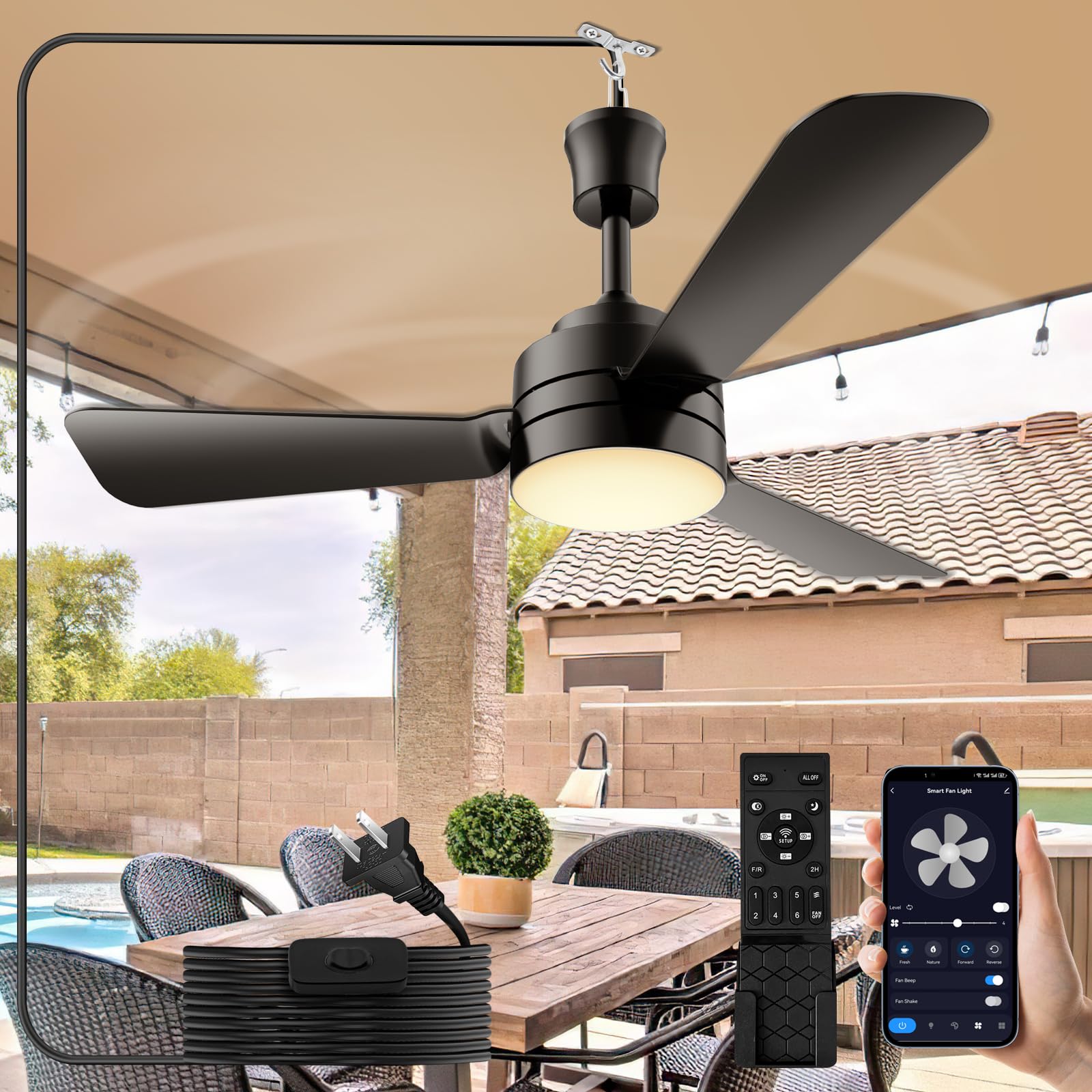 PBLALA Ceiling Fans with Lights,28 LED Fan Light Hanging with Hook,Plug in Ceiling Fan Light,Hook Type Ceiling Fan,35W,3000-6500