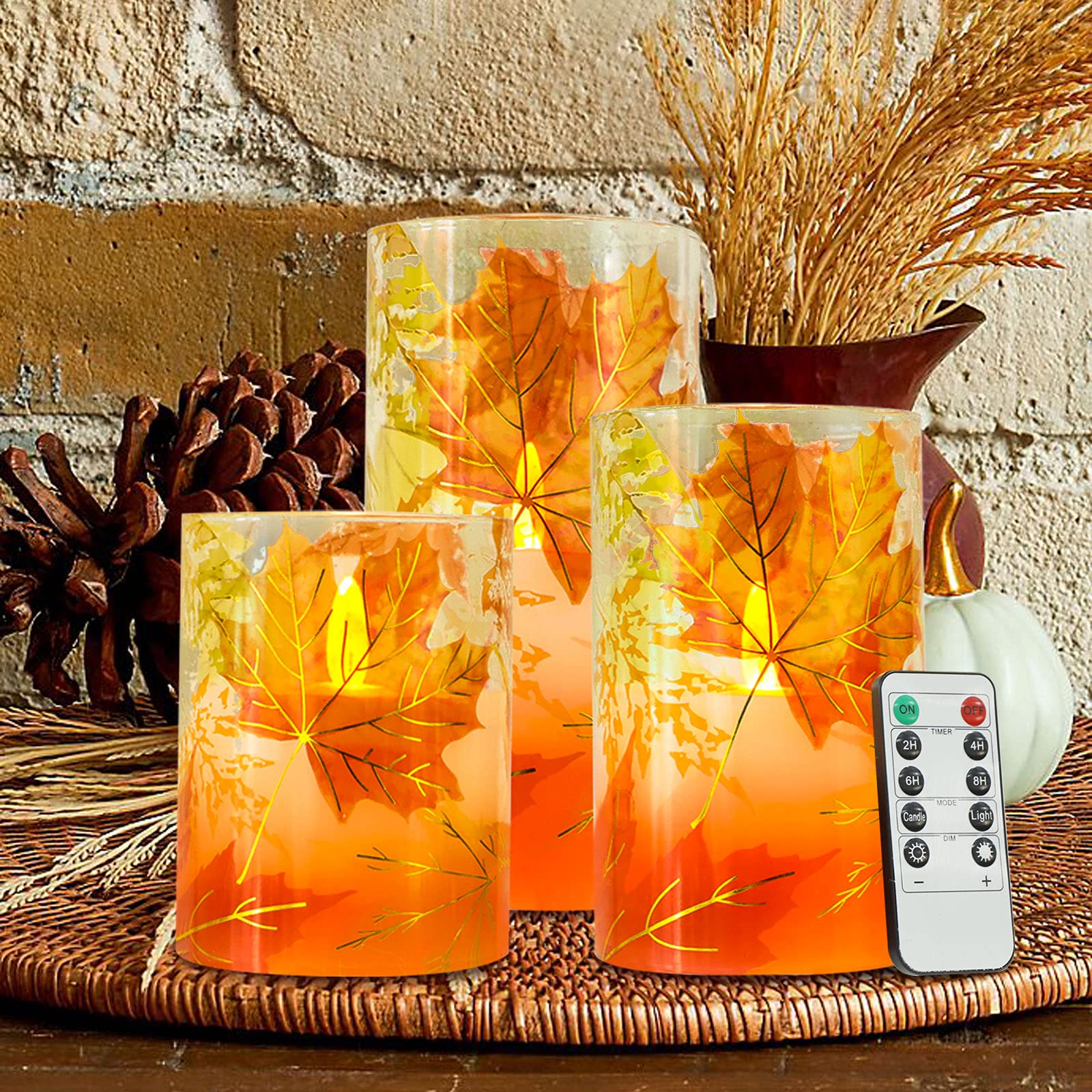 Petristrike Fall Flameless Candles, Autumn Maple Leaf Led Candles With Remote & Timer, Realistic Flickering Real Wax Candles For