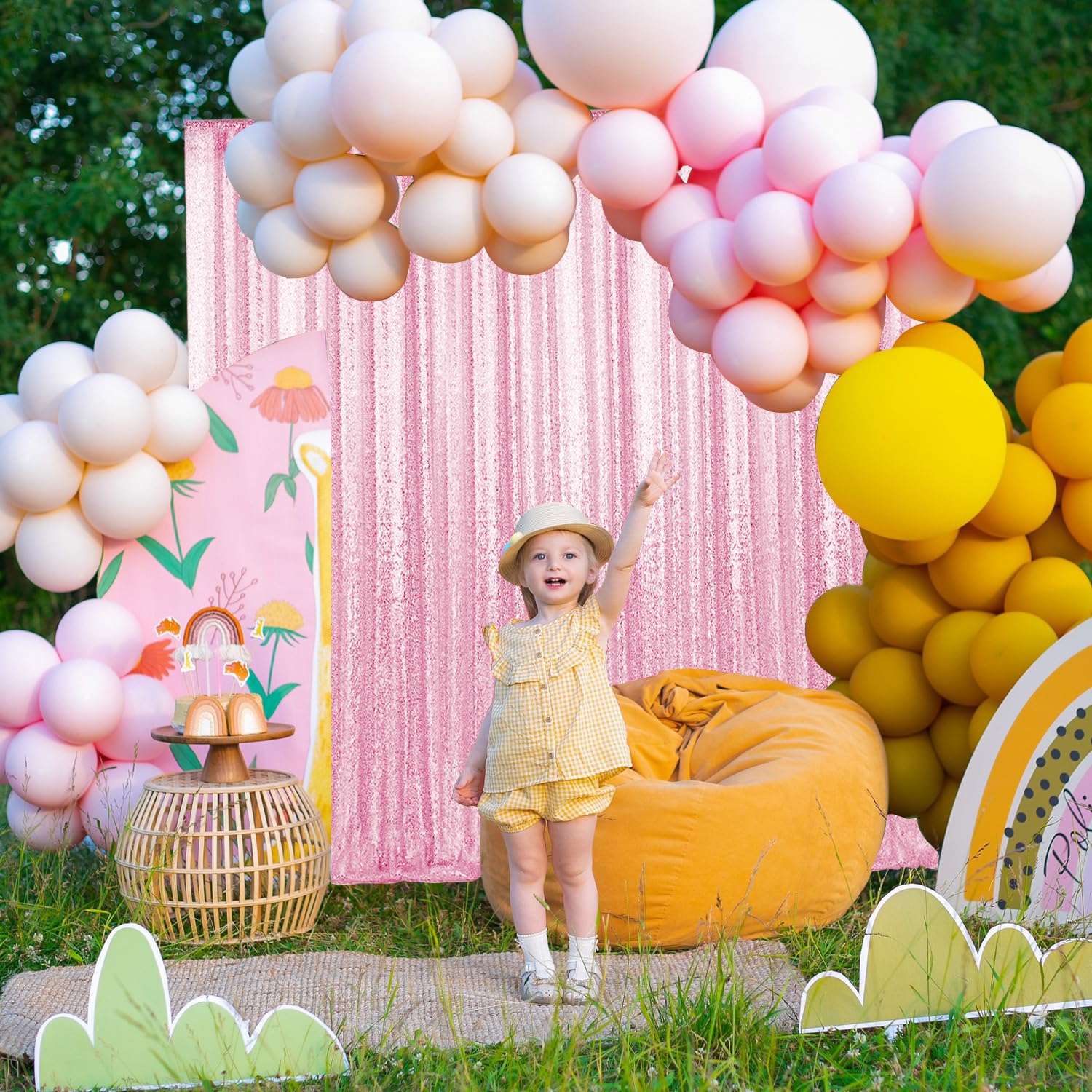 2  8Ft 4Pcs Pink Sequin Backdrop Curtains Panels, Photography Backdrop Glitter Curtains Fabric Background For Christmas Wedding