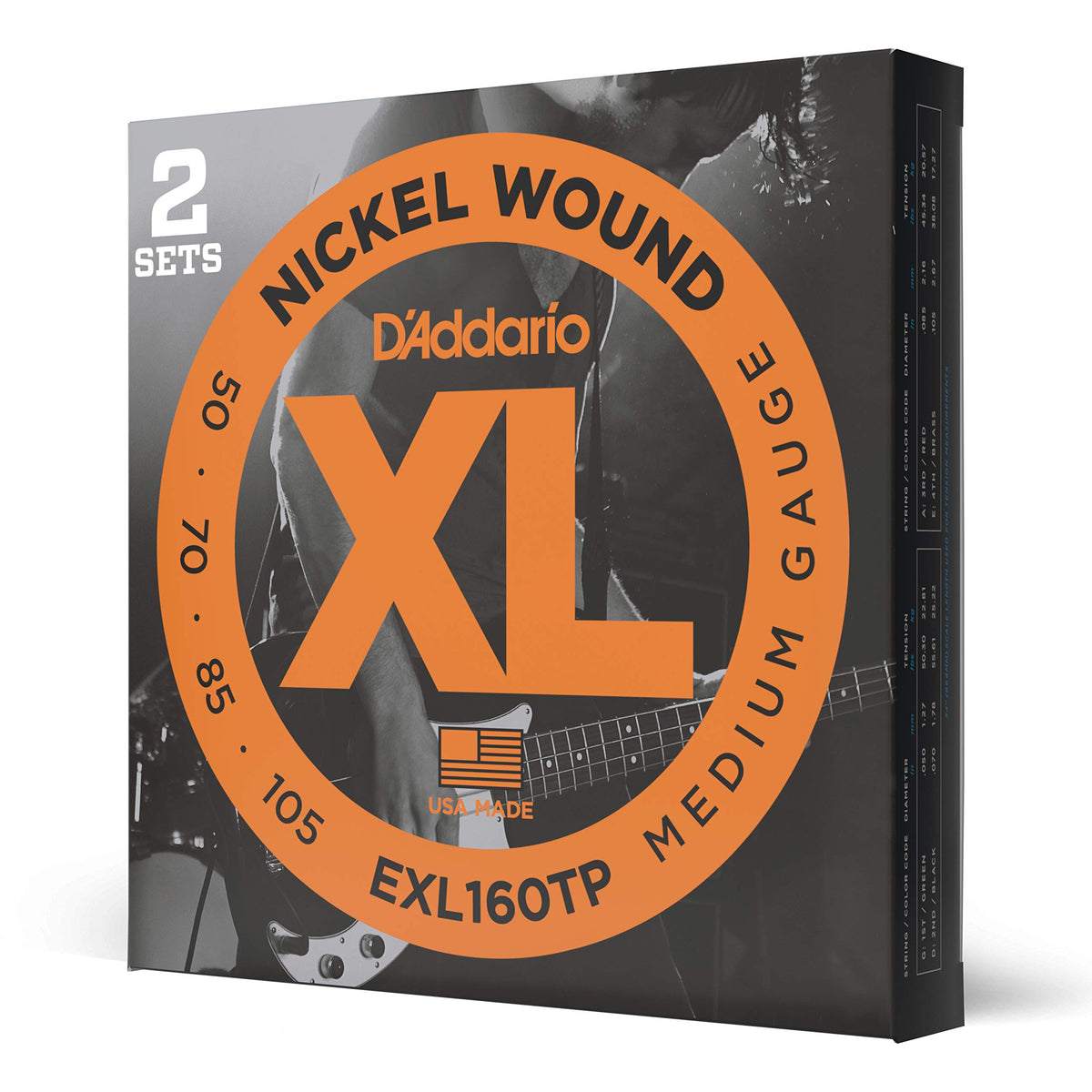 Daddario Exl160Tp Medium Gauge Nickel Wound Bass Strings Xl 50 105 Long Scale, 2 Sets