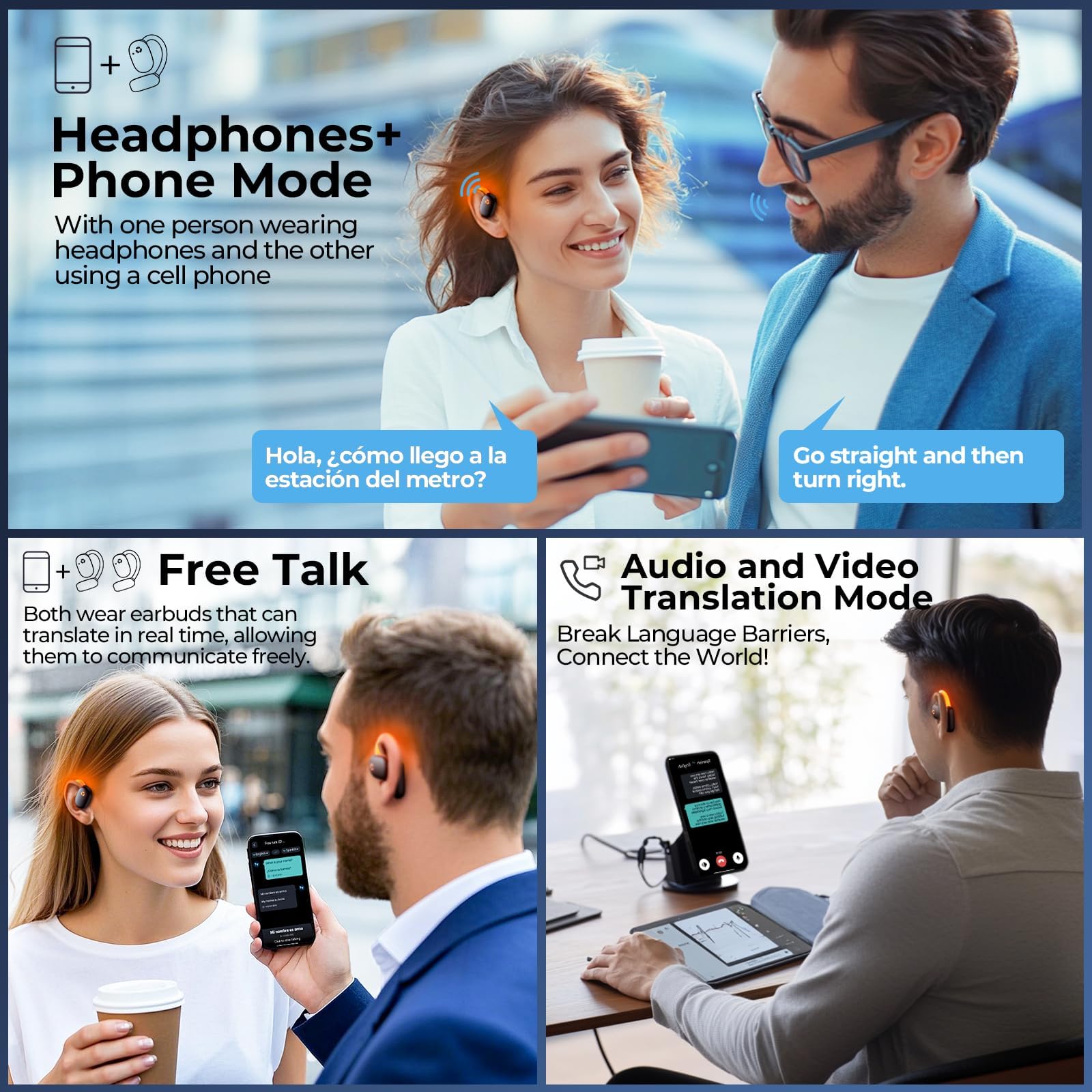 Ai Translation Earbuds With 164 Languages, 80H Playtime Bluetooth Translator Headphones, Real-Time Two-Way Translator Device Wit