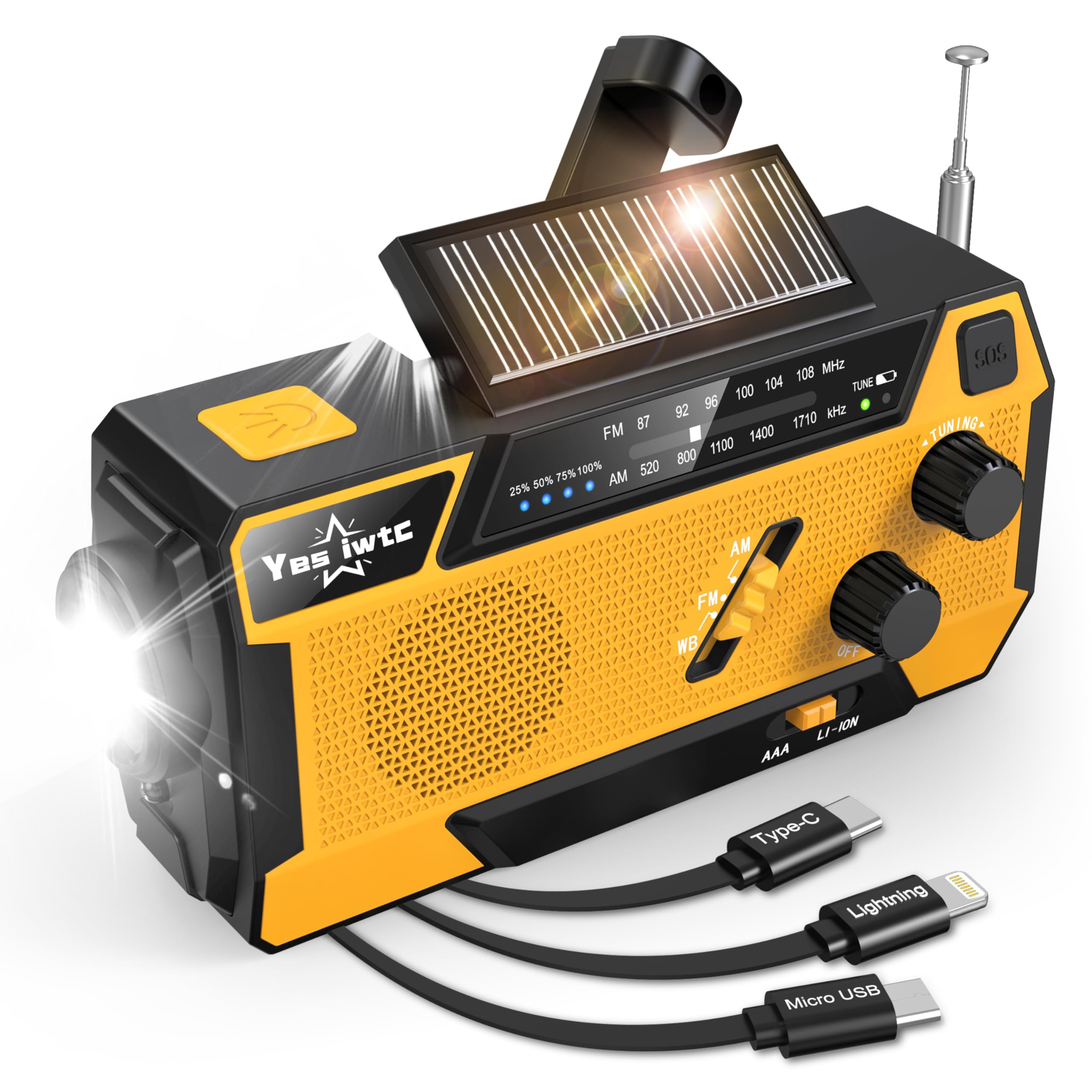 Yesiwtc Emergency Weather Radio 7400Mwh Emergency Crank Radio 3 In 1 Charging Cable Hand Crank Solar Radio With Noaa/Am/Fm Power