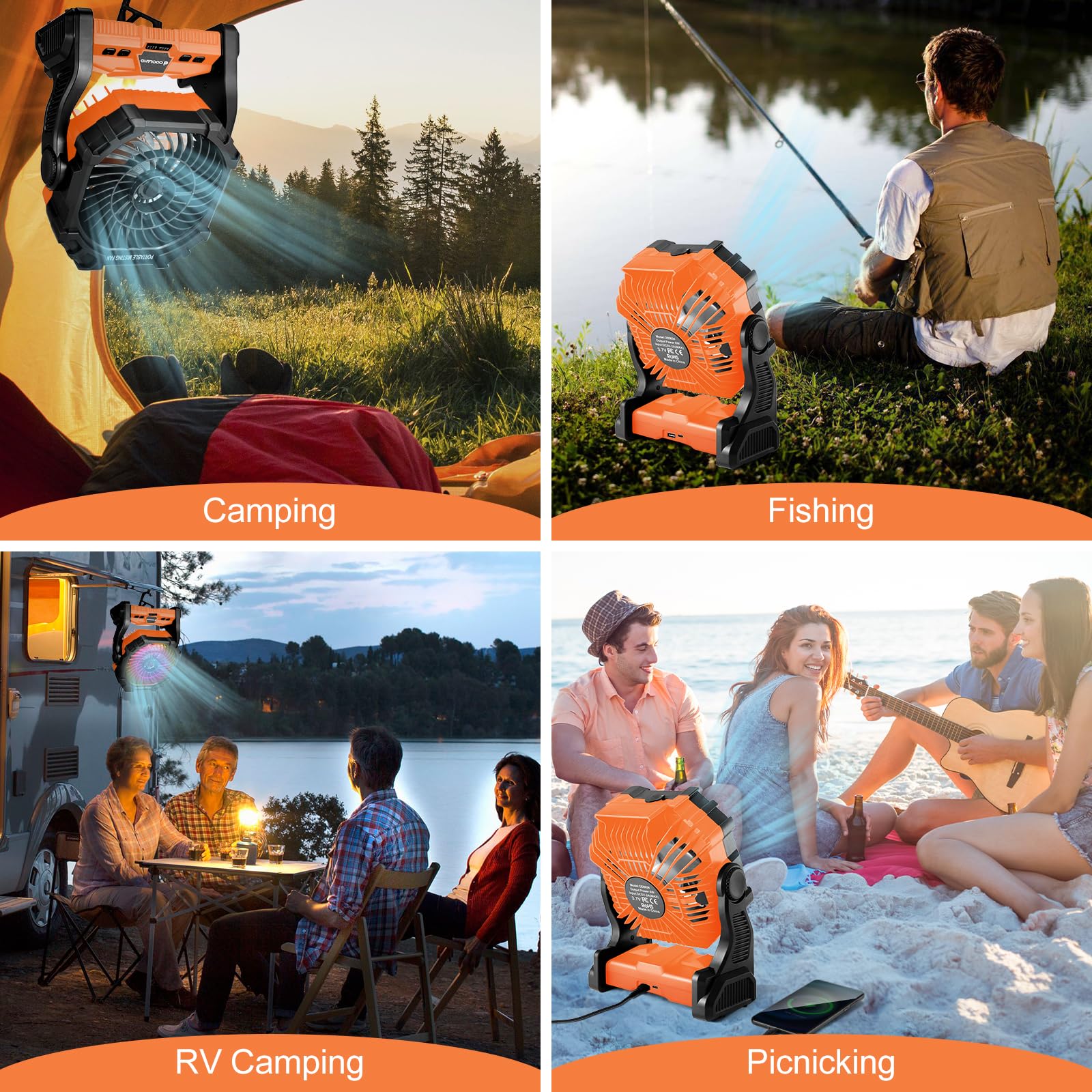 Odoland 20000Mah Camping Fan, Portable Misting Fan With Rgb Light, Battery Operated Rechargeable Mister Tent Fan With Hook & 250