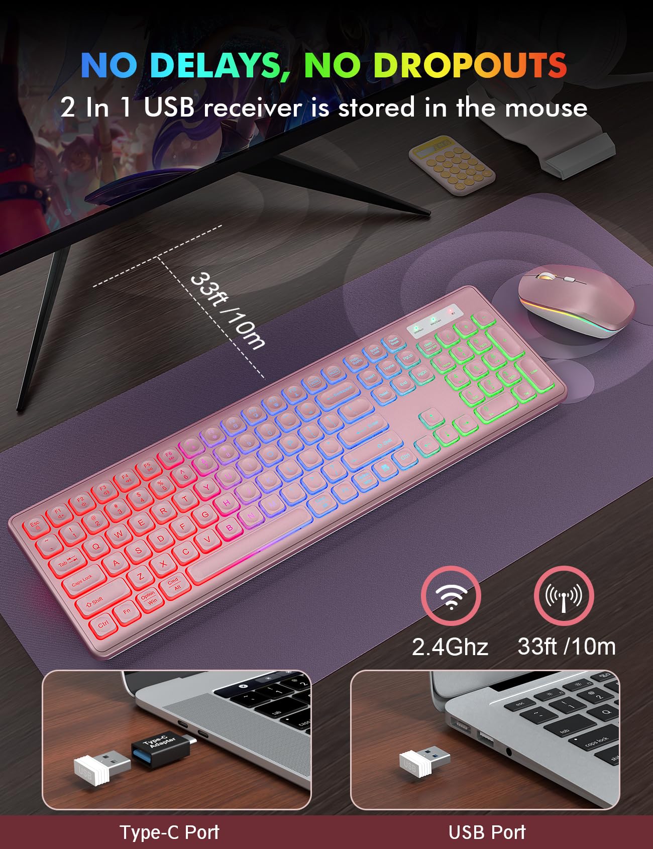 Wireless Keyboard And Mouse Combo   Rgb Backlit, Rechargeable & Light Up Letters, Full Size, Ergonomic Tilt Angle, Sleep Mode, 2.4Ghz Quiet Keyboard Mouse For Mac, Windows, Laptop, Pc, Trueque, Rose