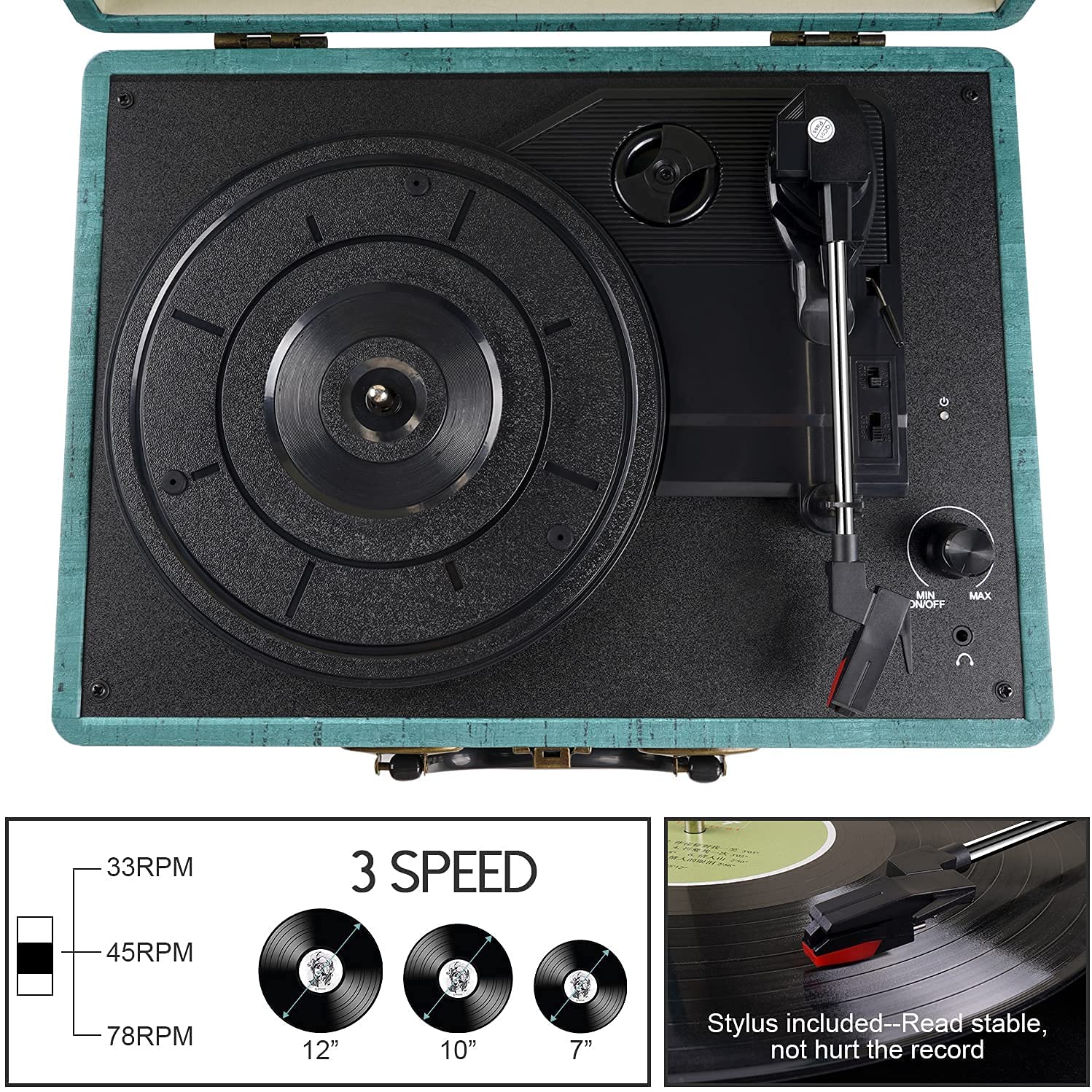 3 Speed Portable Bluetooth Turntable With Built In Speakers, Supports Bluetooth, Rca Output, 3.5Mm Aux In And Headphone Jack And