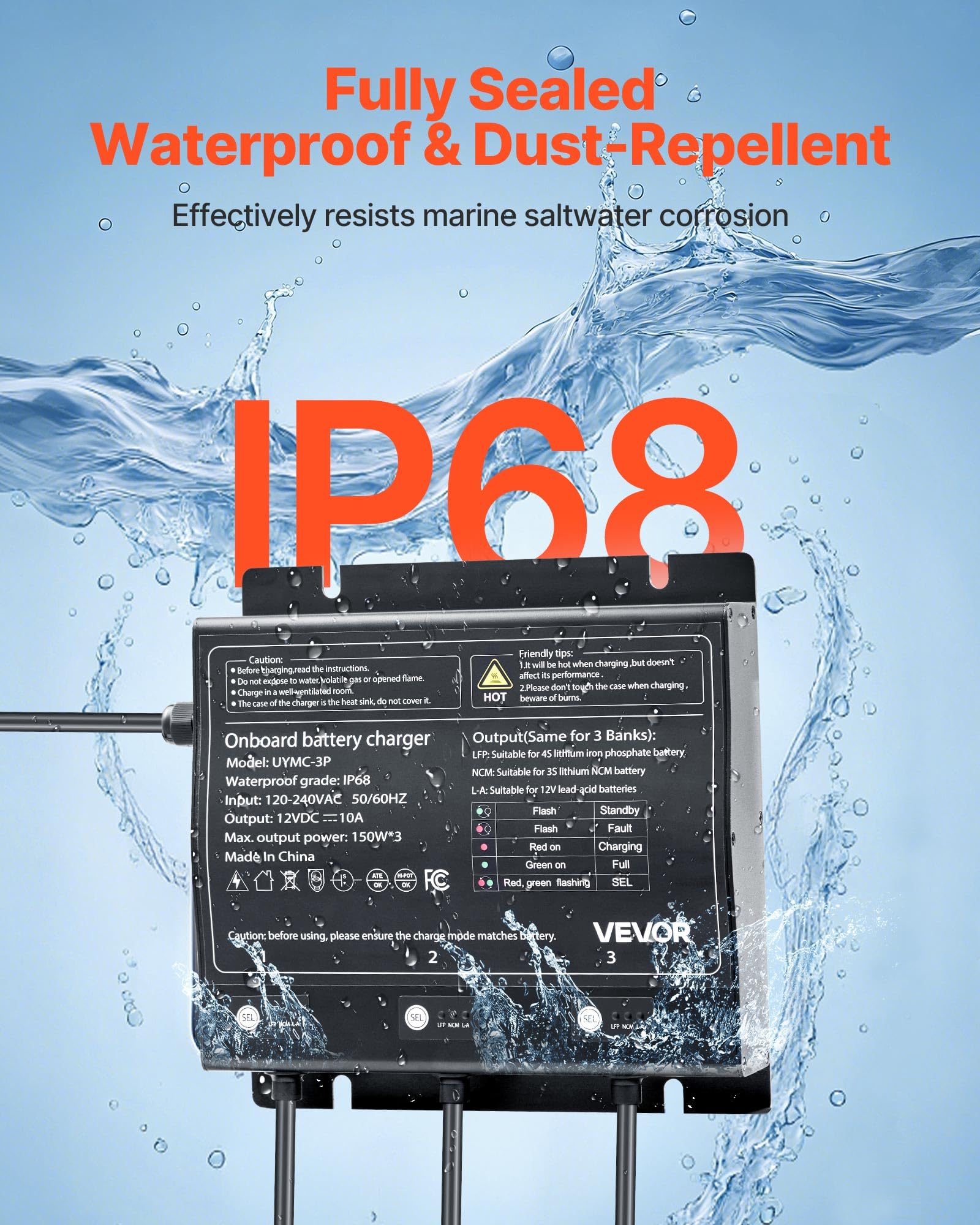 Vevor Marine Battery Charger, 3-Bank, 10A X 3, 12V Onboard Battery Charger, Ip68 Waterproof Smart Boat Charger, For Lithium-Ion