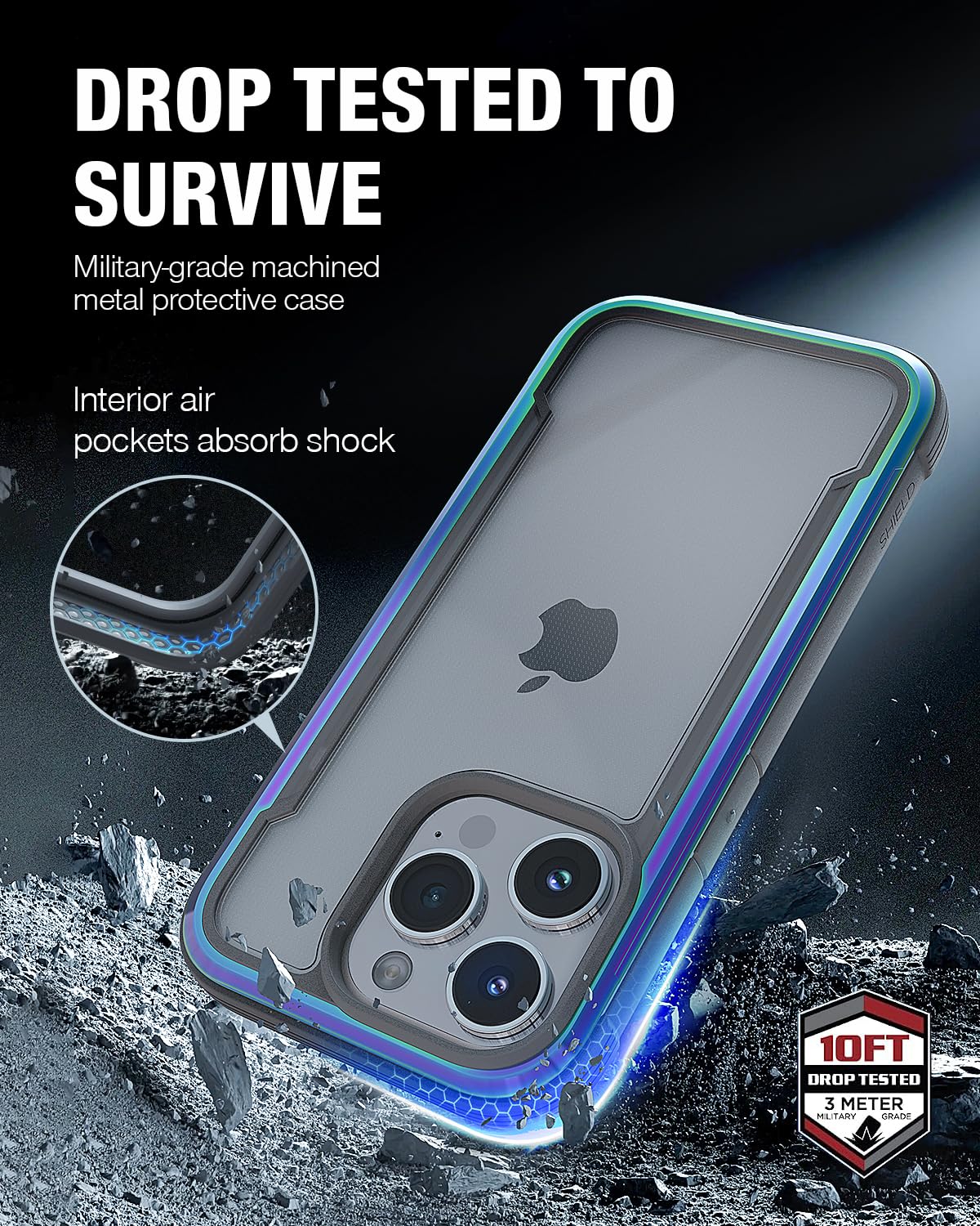 Raptic Shield For Iphone 15 Pro, Shockproof Protective Clear Case, Military Grade 10Ft Drop Tested, Durable Aluminum Frame, Anti Yellowing Technology, 6.1 Inch, Iridescent