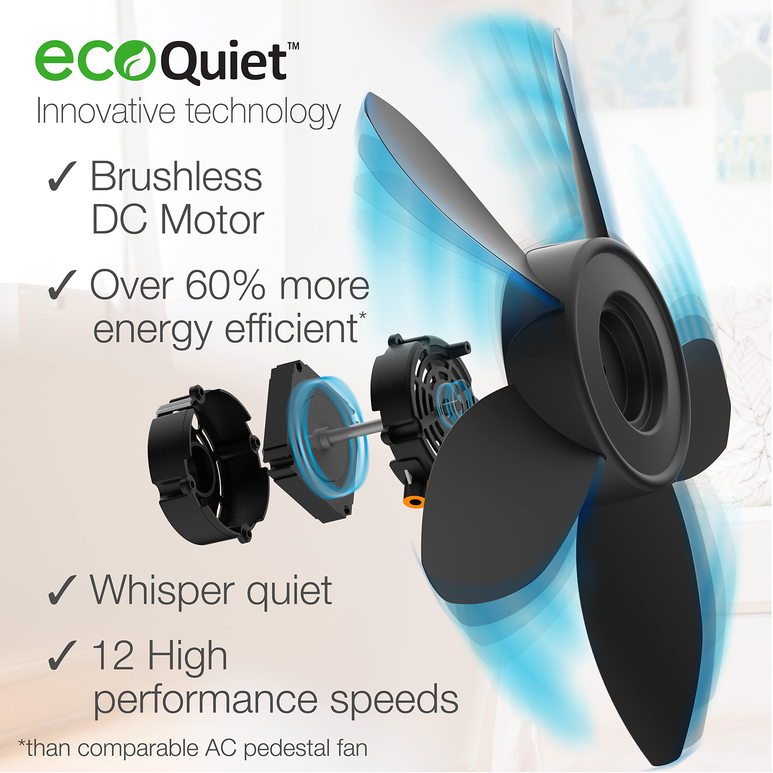 Lasko Oscillating 18 Inch Ecoquiet Dc Motor 12 Speed Pedestal Fan With Remote Control, Black, S18708, Large