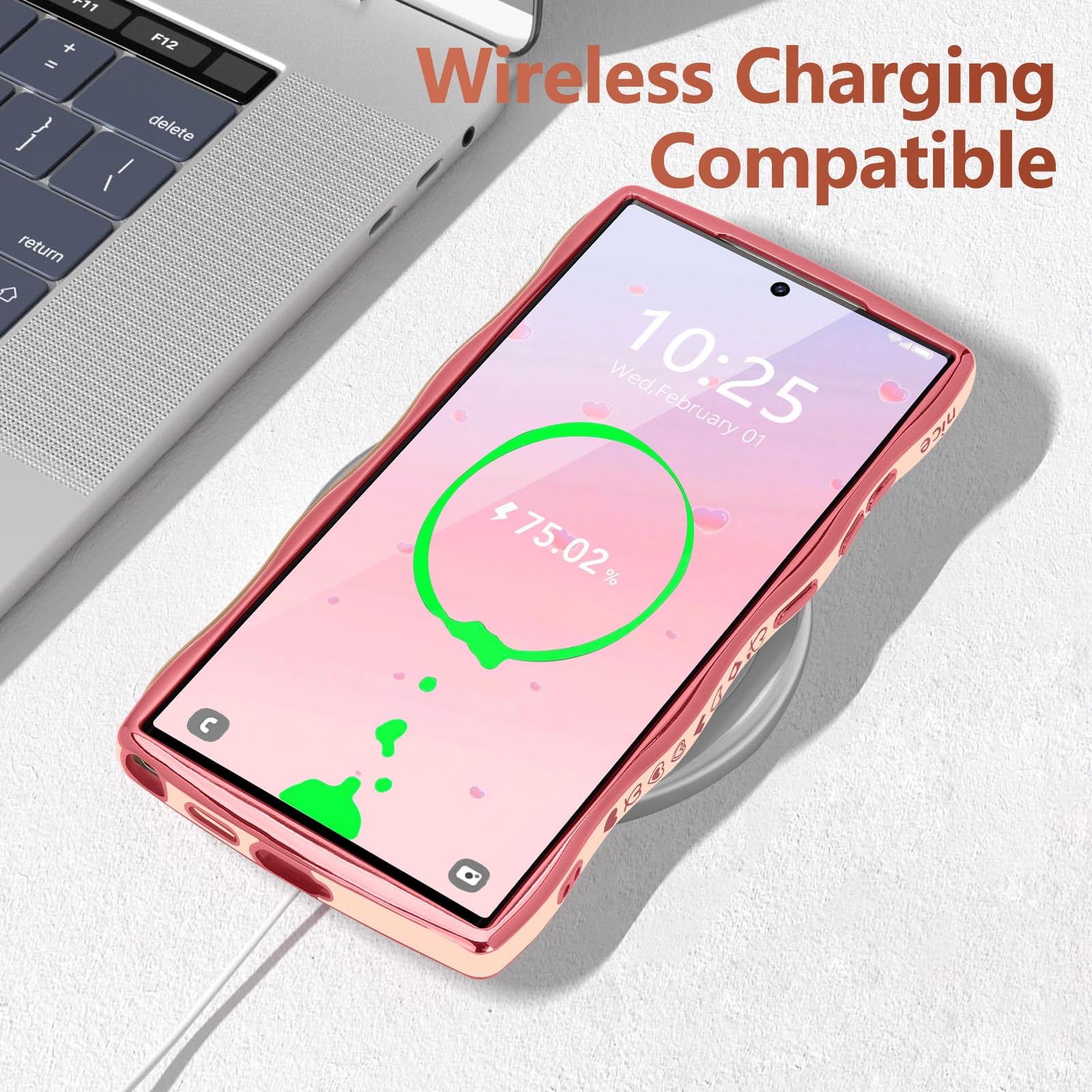 Lchulle For Samsung Galaxy S23 Ultra Case For Women Girls, Cute Wave Frame Curly Shape With Love Heart Raised Camera Protection