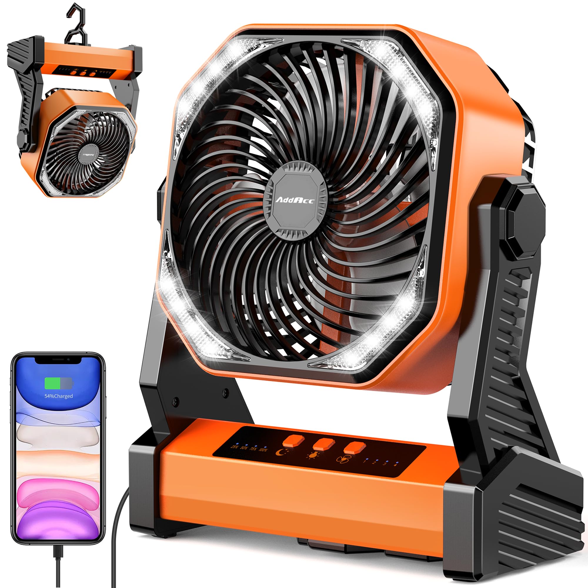Addacc 20000Mah Battery Operated Fan, Portable Rechargeable Desk/Camping Fan With Light And Hook, 270 Pivot 4 Speeds Battery Pow