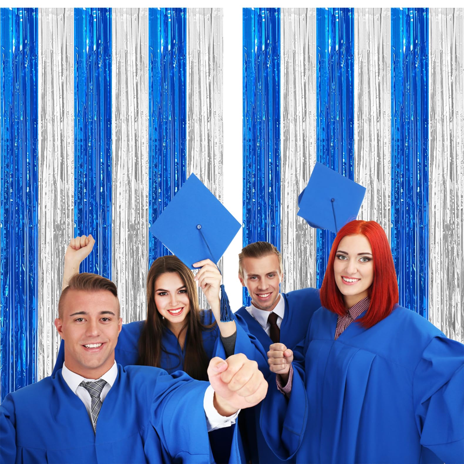 2 Pack Blue And Silver Foil Fringe Curtains Photo Booth Prop Tinsel Streamer Backdrops For Graduation Xmas Holiday Party Decorat