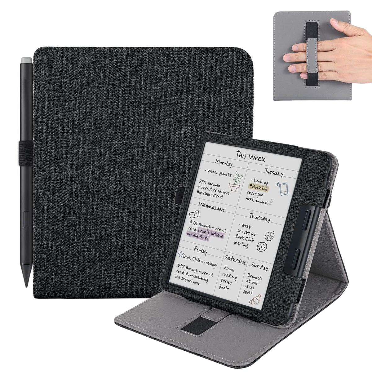 Vakarey For Kobo Libra Colour Case With Pen Holder,Sleep Cover For Kobo Libra 2 Case With Hand Strap,Black