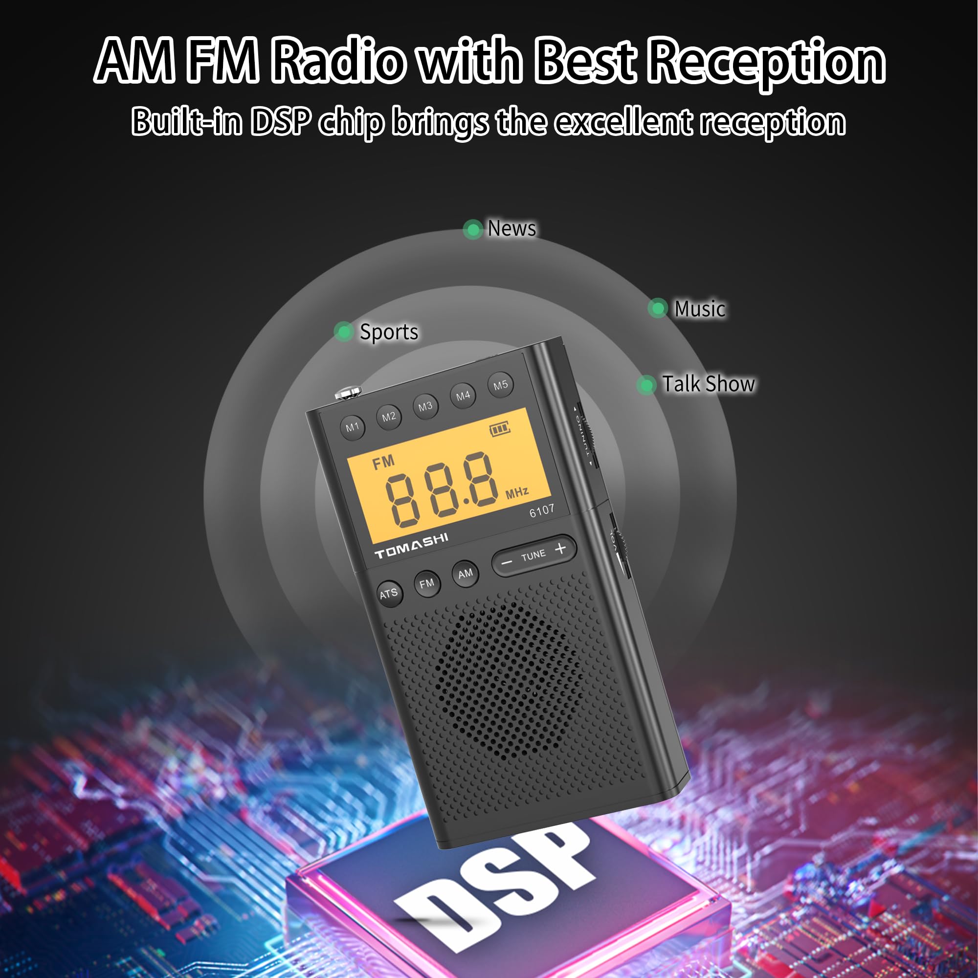 Tomashi Portable Radio Am Fm, Battery Powered Radio With Loud Speaker, Headphone Jack, Small Radio With Long Range Reception, La