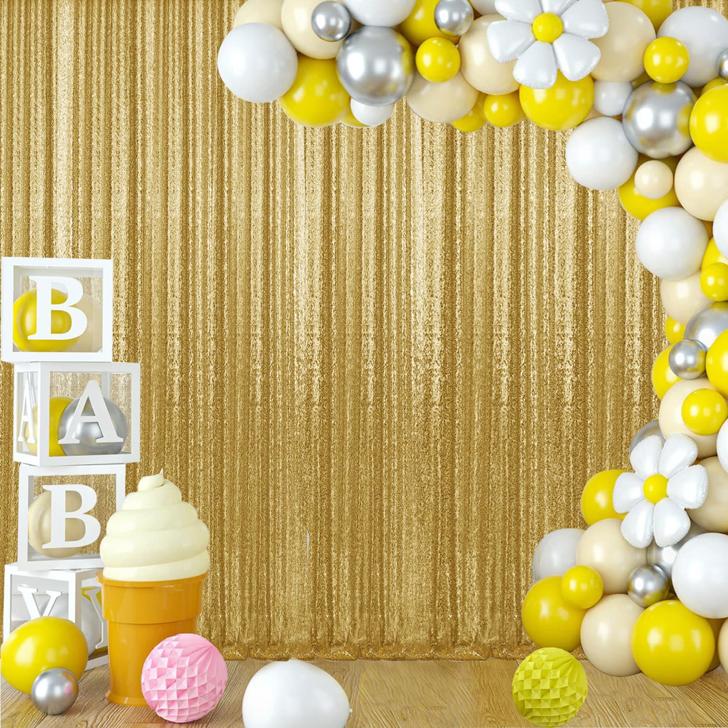 2  8Ft 4Pcs Gold Sequin Backdrop Curtains Panels, Photography Backdrop Glitter Curtains Fabric Background For Christmas Wedding