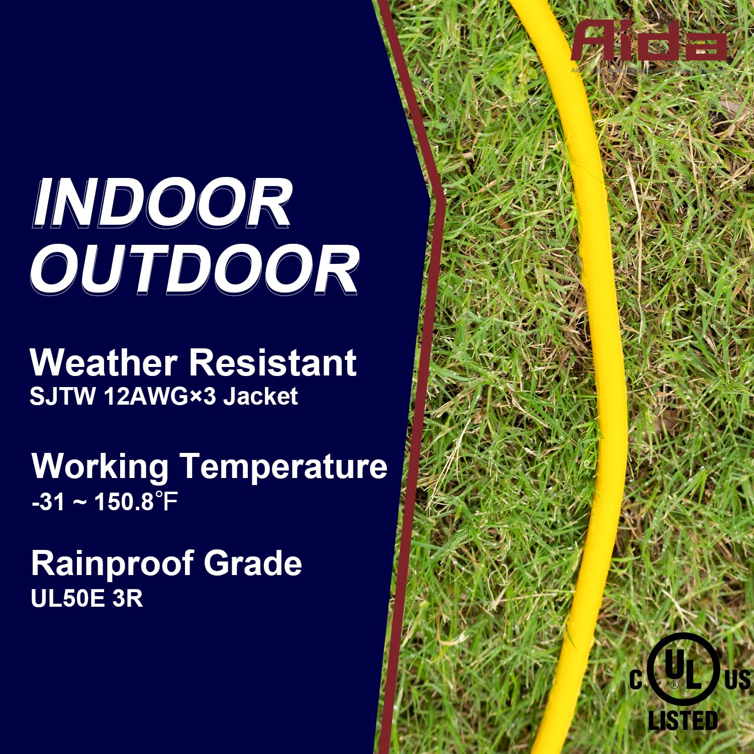 Aida 2Ft Auto Reset 12/3 Gauge Sjtw Heavy Duty Gfci Extension Cord With 3 Prong Grounded Plug, 15 Amp Yellow Outdoor Extension C