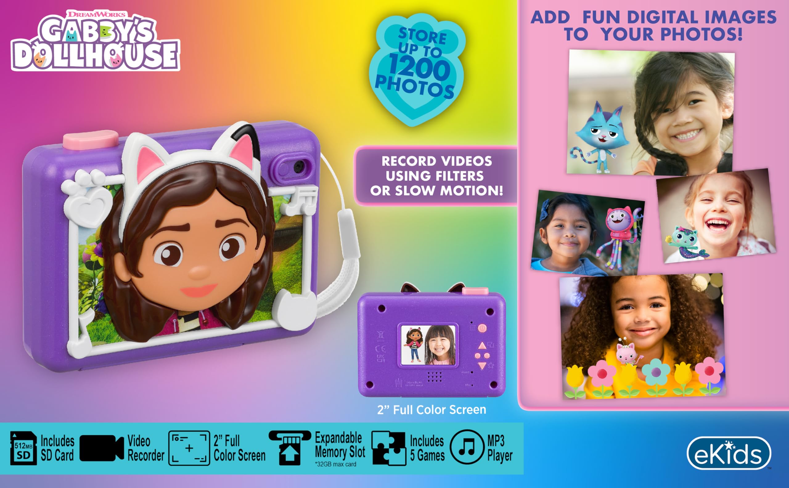 Ekids Gabbys Dollhouse Kids Camera With Sd Card, Digital Camera For Kids With Video Recording, Built-In Digital Stickers For Fan