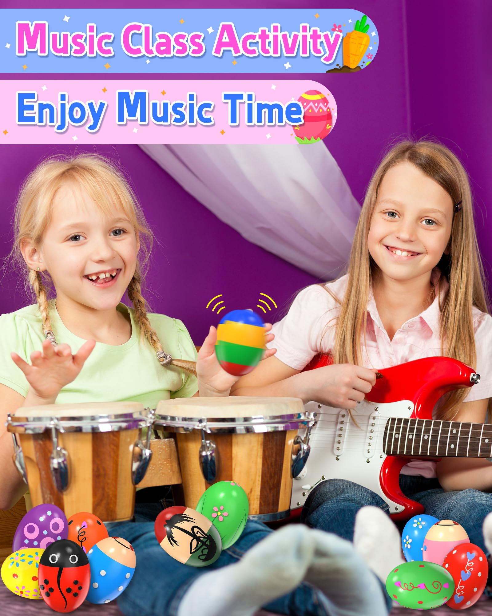 12 Pack Wooden Percussion Musical Shaker Prefilled Easter Eggs With Toys Inside Filled, Toddlers Easter Basket Stuffers Egg Fill