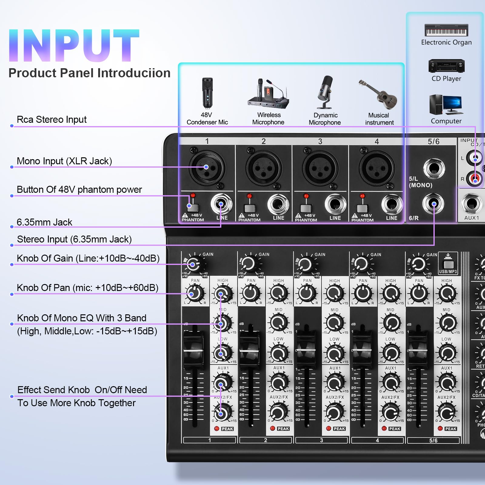 6 Channel Audio Interface Sound Board Mixing Console 16 Bit Dsp Dj Mixer Audio Reverb Effect +48V Phantom Bluetooth Studio Audio