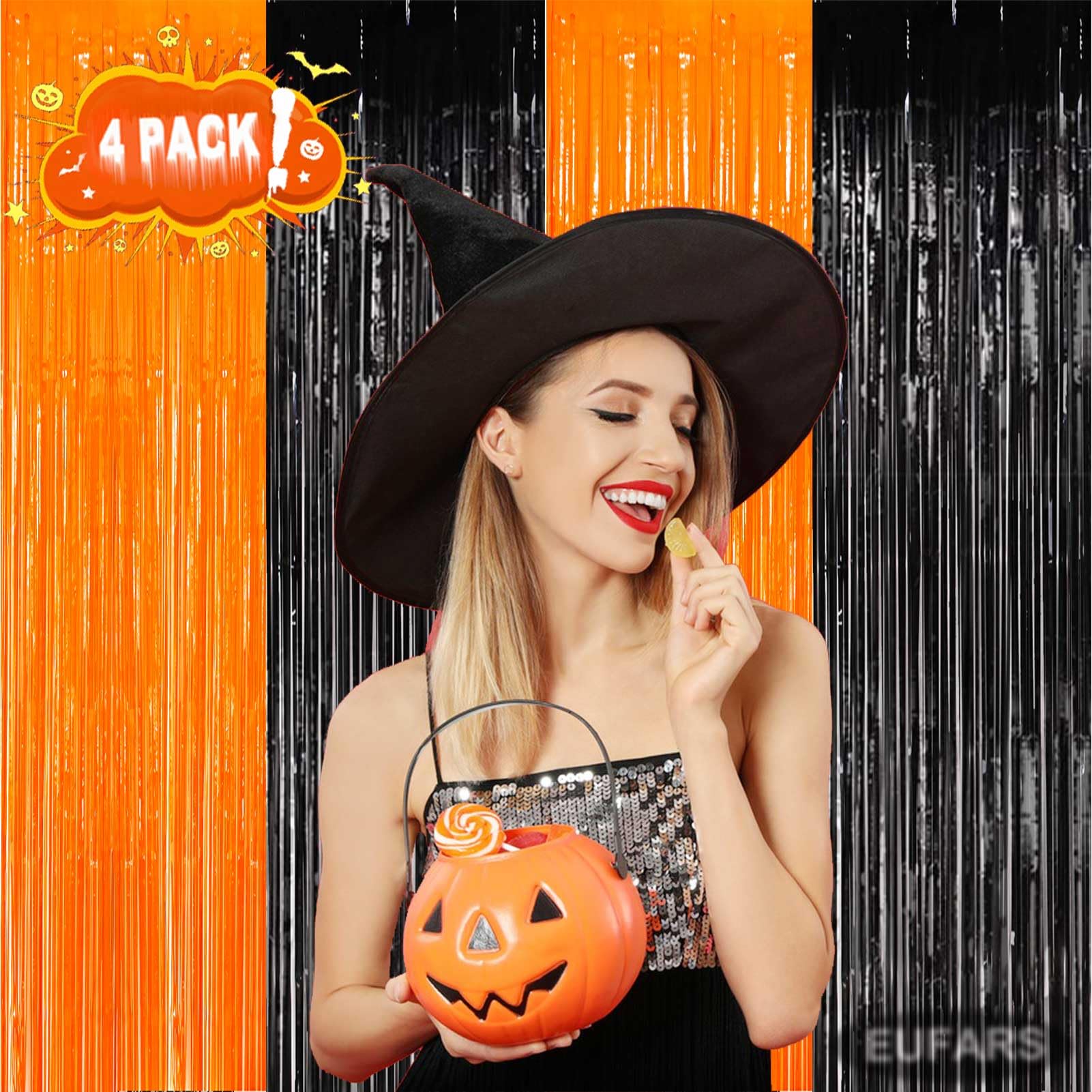 Eufars Foil Fringe Curtains 4 Pack Of 3.2X8.2Ft Orange Black Foil Fringe Curtains For Birthday Halloween Photo Backdrop Party De
