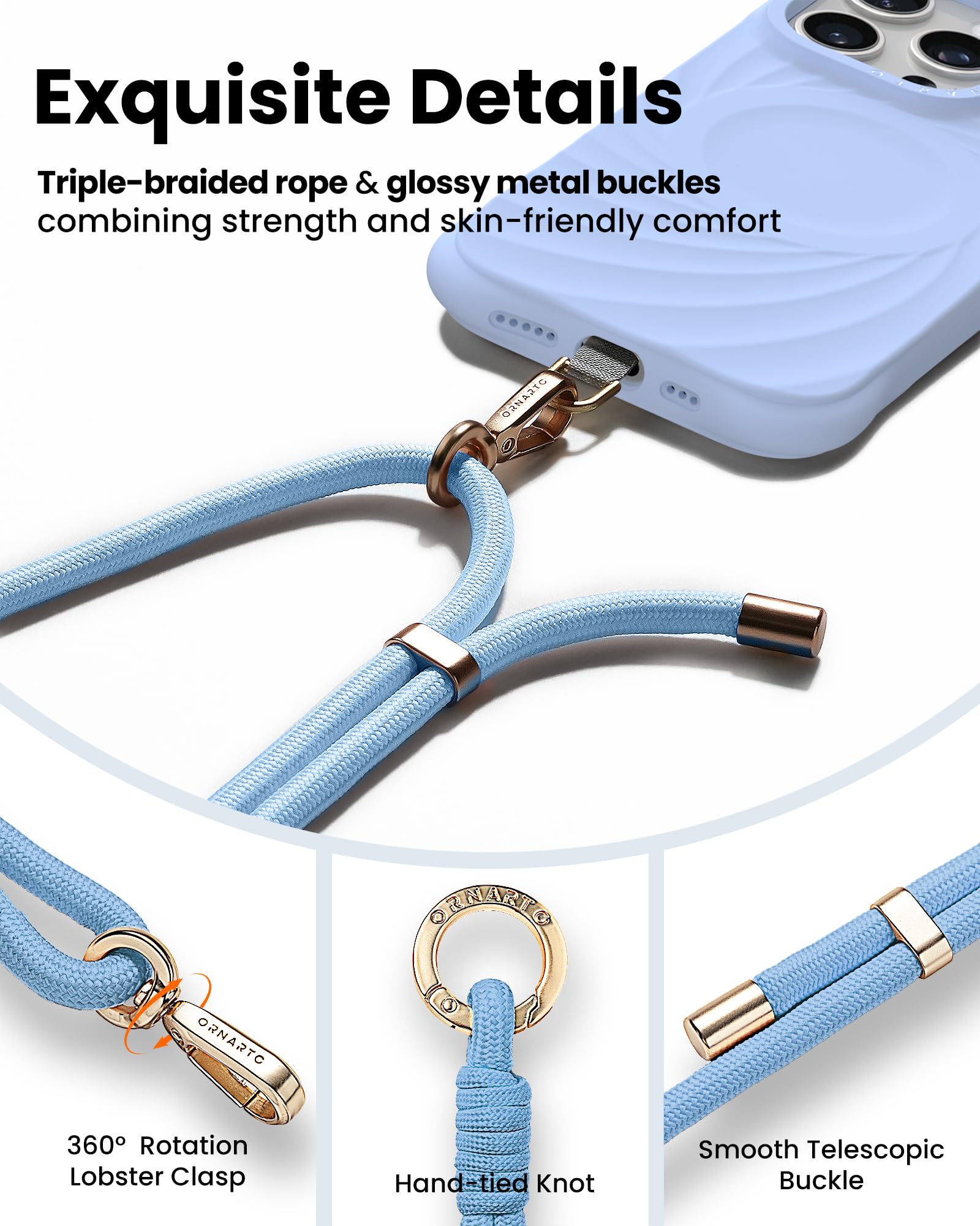 Ornarto Adjustable Phone Lanyard - Crossbody & Wrist Strap, Durable & Skin-Friendly, Universal Fit For All Phones, Blue