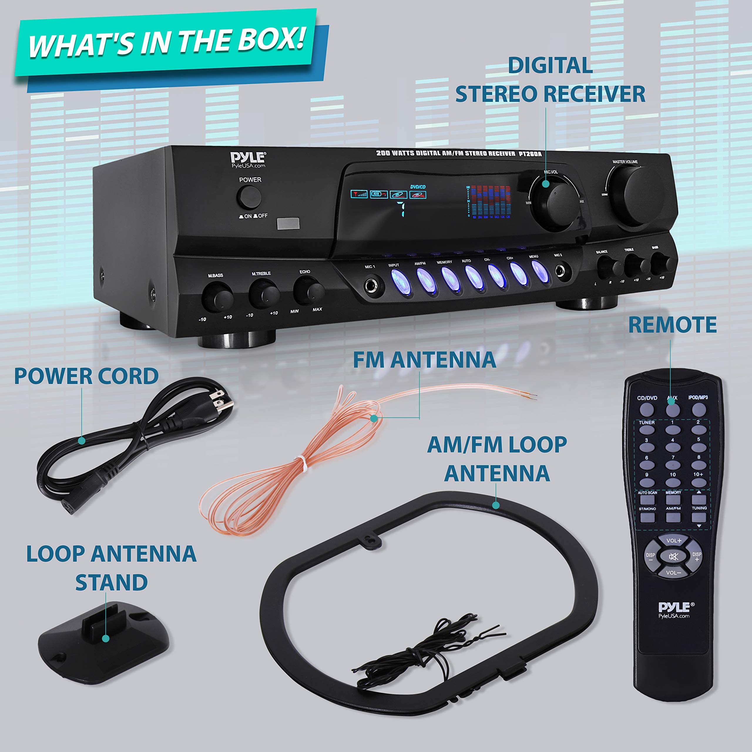 Pyle 200W Home Audio Power Amplifier   Stereo Receiver W/Am Fm Tuner, 2 Microphone Input W/Echo For Karaoke, Great Addition To Y