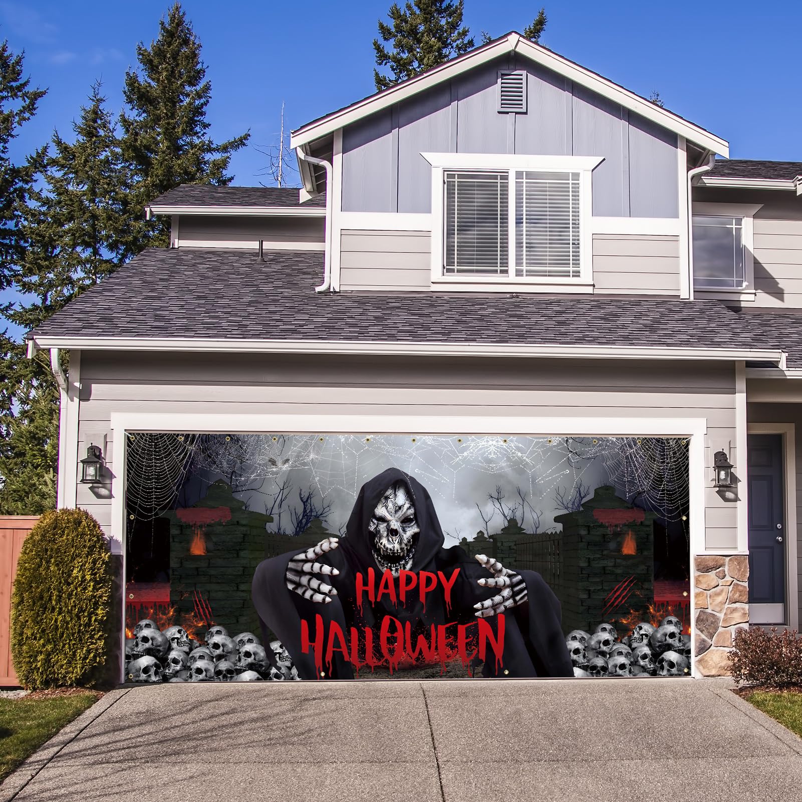 Vlipoeasn Halloween Garage Door Decorations, 7X16 Ft Halloween Garage Door Cover Banner, Skull Ghosts Halloween Outdoor Party Ph