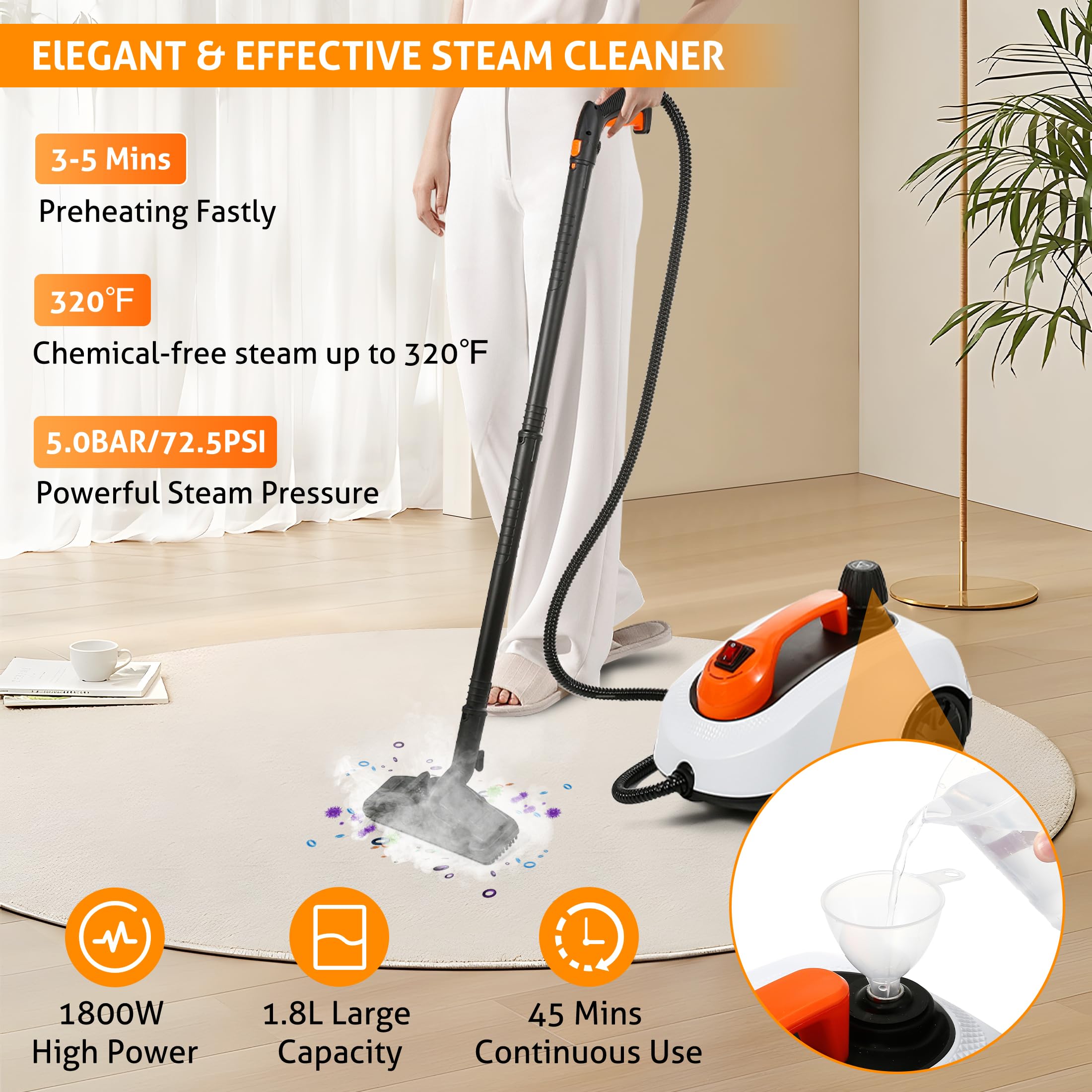 Wichemi Steamer For Cleaning 1800W High Temperature Handheld Steam Cleaner For Car With 1800Ml Water Tank, Electric Steam Cleani