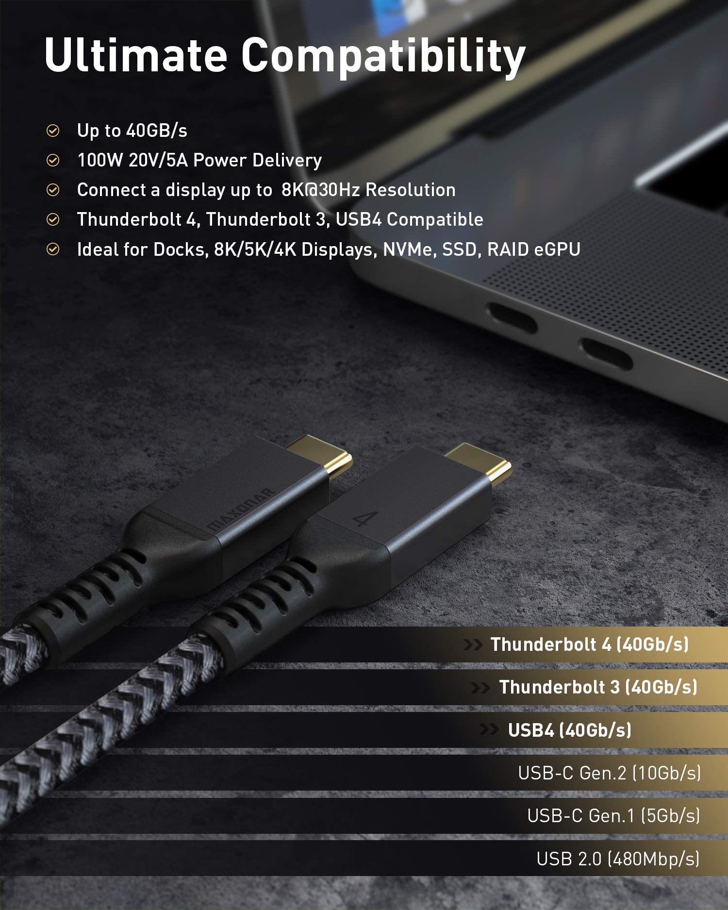 Maxonar [3.3Ft] Thunderbolt 4 Cable, 240W Thunderbolt Cable 40Gbps Sync 8K/5K@60Hz Display And For Thunderbolt 4, Thunderbolt 3, Usb4, And Usb C Devices