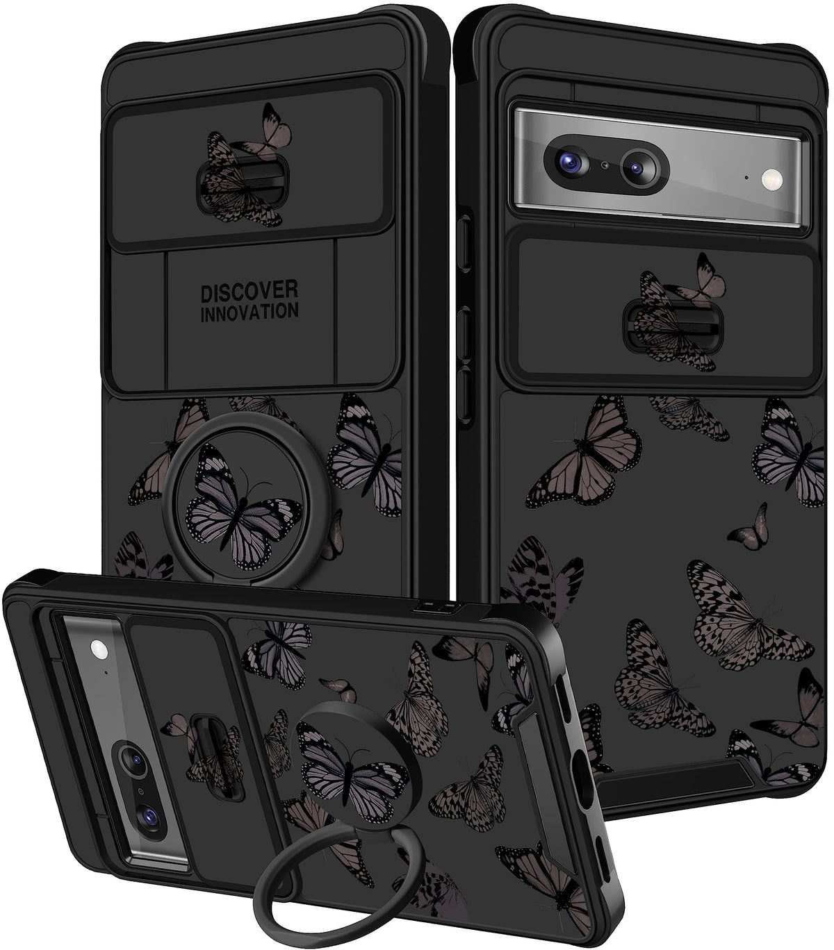 Funermei (2In1 For Google Pixel 7 Case For Women Butterfly Cute Girls Phone Cover Girly Black Butterfly Pretty Aesthetic Design