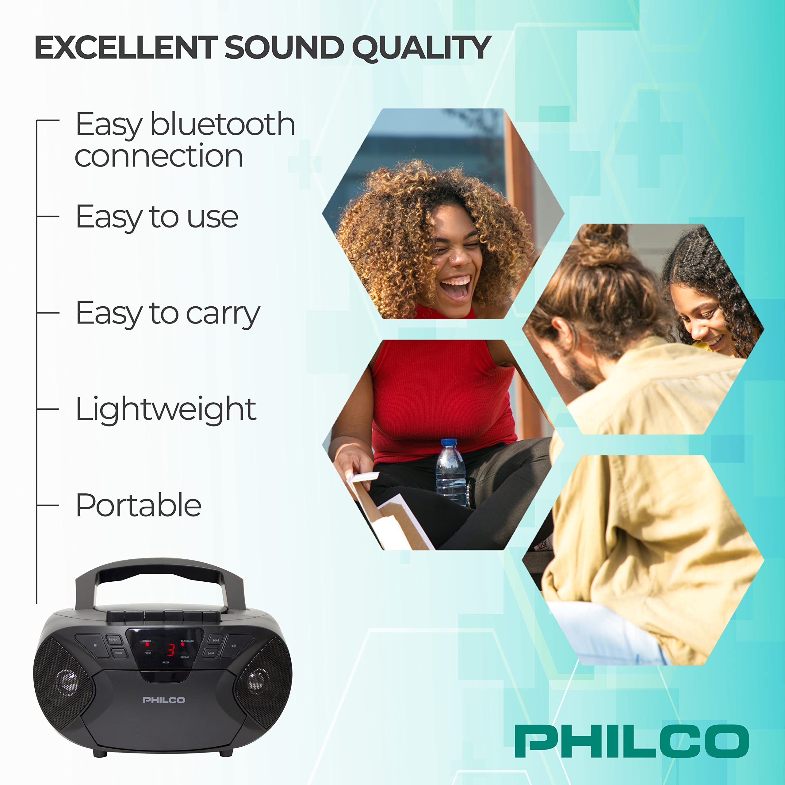 Philco Portable Bluetooth Boombox With Cd And Cassette Player | Cassette Recorder | Connect To Headphones | Cd Player Is Compati
