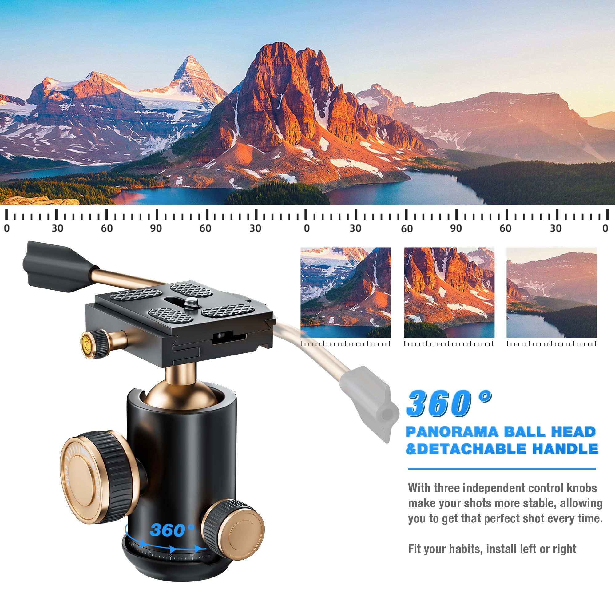 Yotilon Aluminum Camera Tripod & Monopod With Removable Handle And 360 Ball Head, 77.2   Max Height, 17.6Lb Load Capacity, Sil