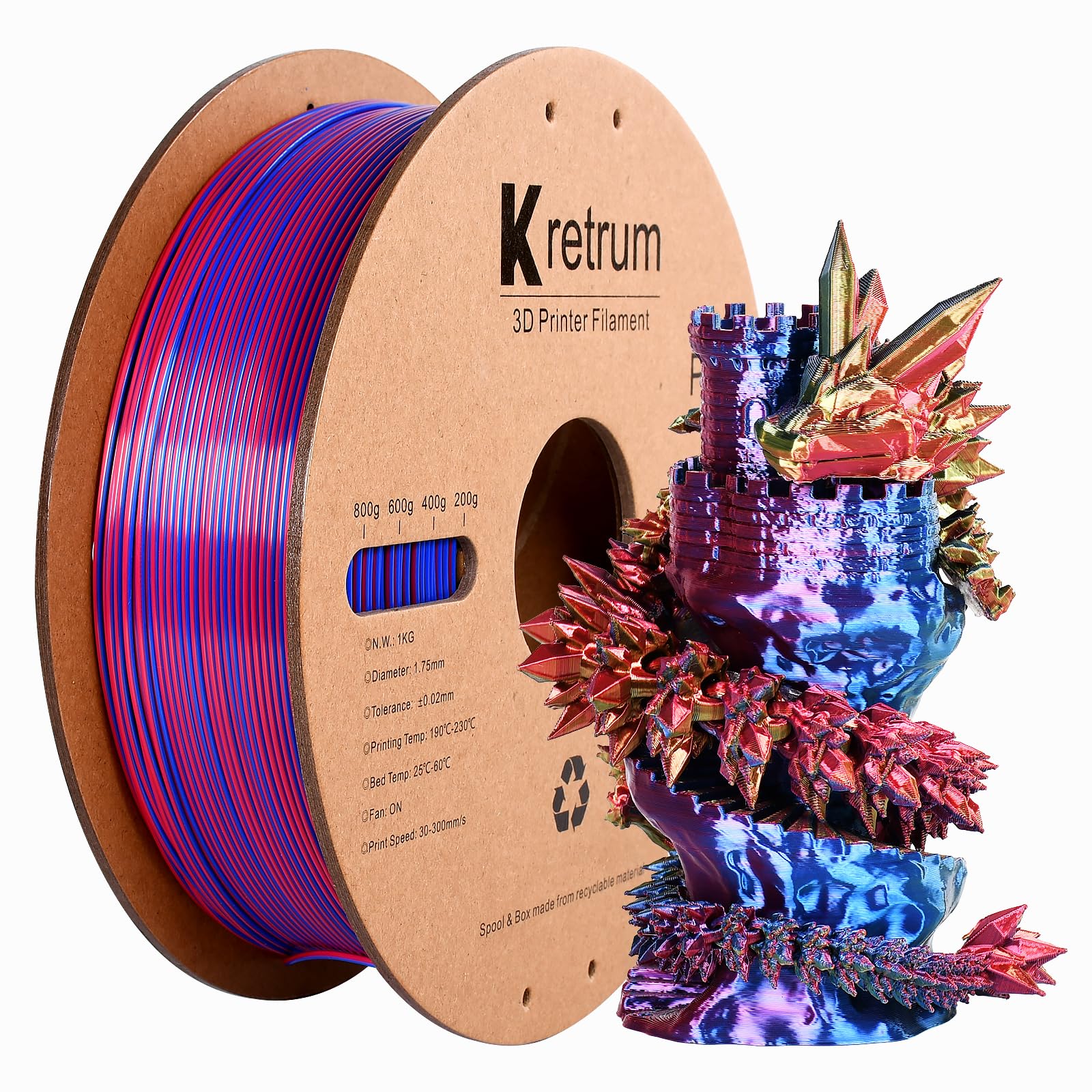 Kretrum Silk Tri Colors PLA 3D Printer Printing Filament 1.75 mm Silk PLA Color Changing Filament 1 kg / 2.2 lbs Red & Yellow & 