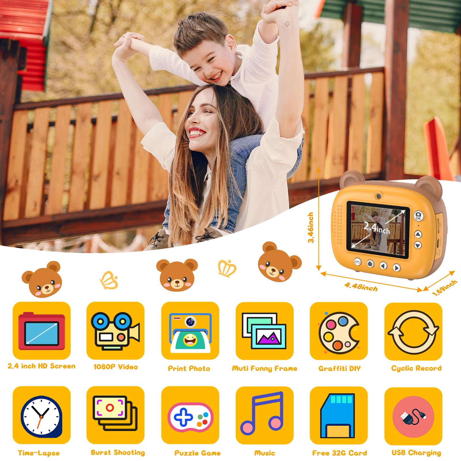 Kids Instant Camera For 3 12 Years Old Kids Toddlers Childrens Boys Girls Birthday Gifts 2.4 Inch Screen 12Mp / 1080P Hd Video C