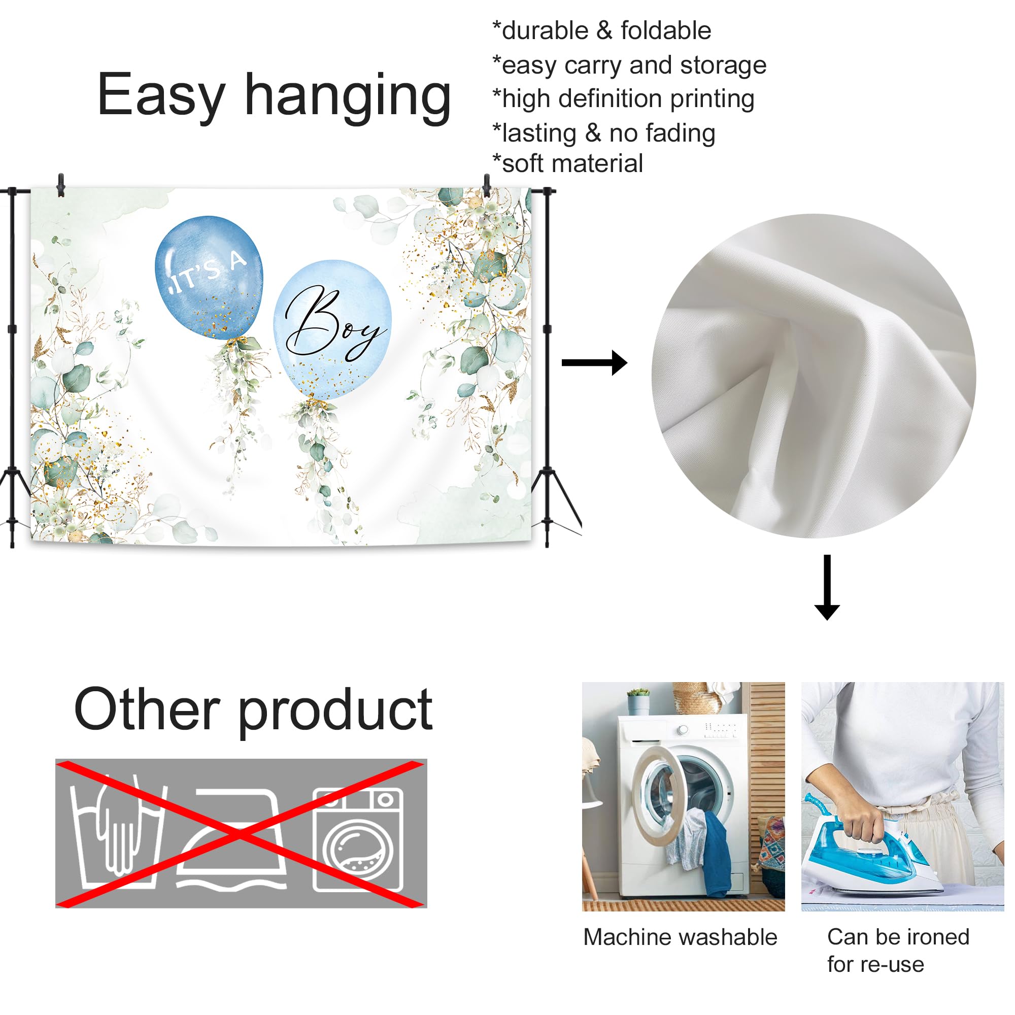 Glawry It'S A Boy Baby Shower Backdrop For Photography 7Wx5H Feet Cute Blue Cartoon Balloons Watercolor Green Gold Eucalyptus Le