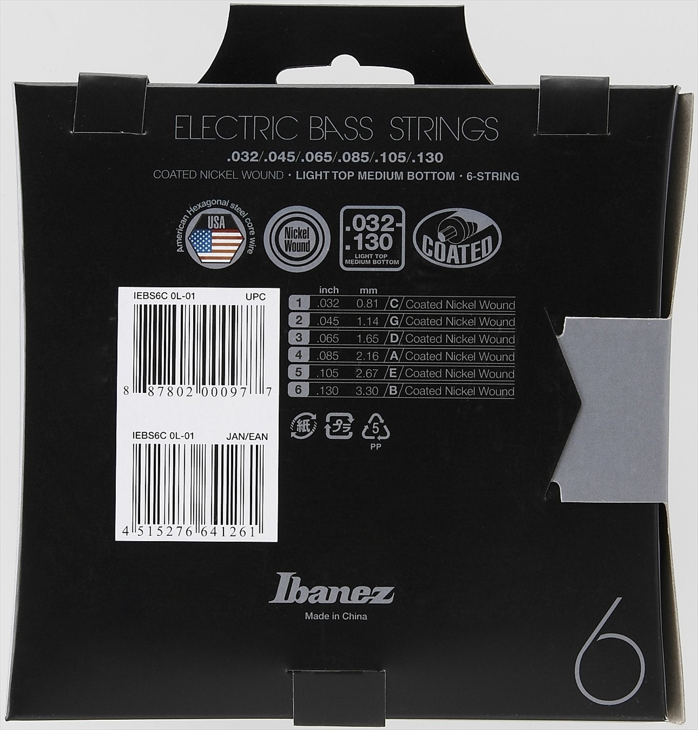 Ibanez, 6 Nickel Bass Guitar Strings Light Top Medium Bottom, Silver, (Iebs6C)