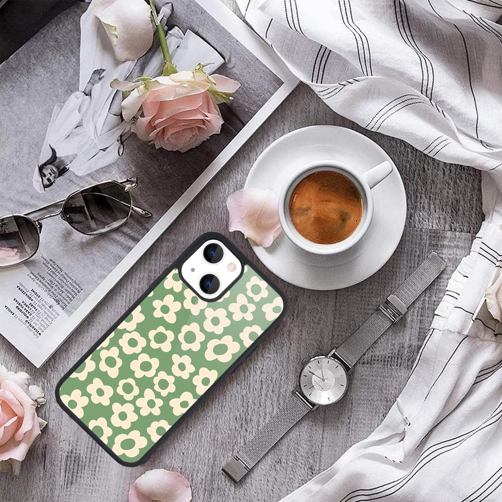 Maycari Compatible With Iphone 13 Pro Case For Children Women Green Flower Design, Hard Back With Floral Pattern Soft Tpu Bumper
