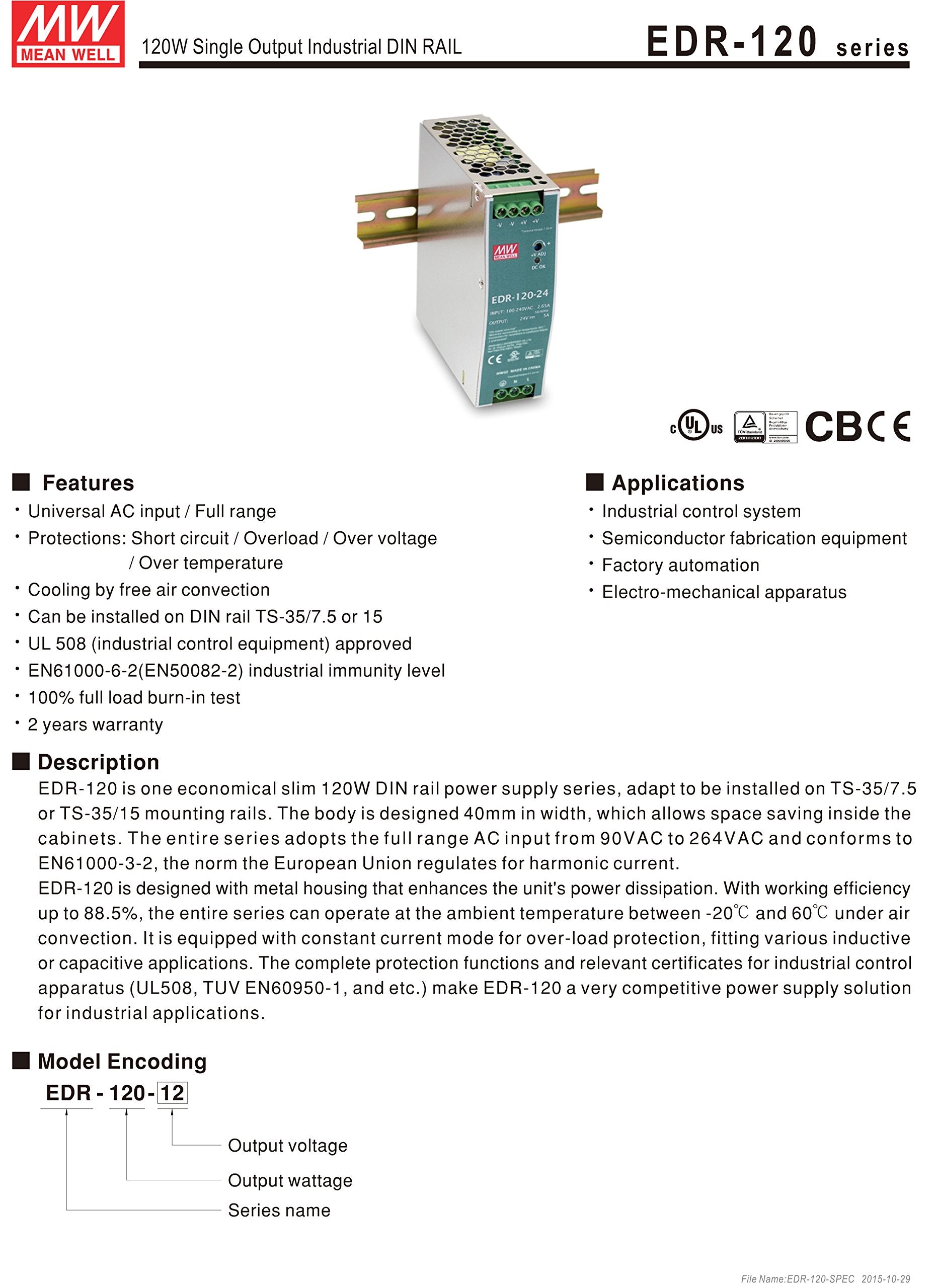 Mean Well Edr 120 24 Single Output Din Rail Power Supply 24V 5 Amp 120W