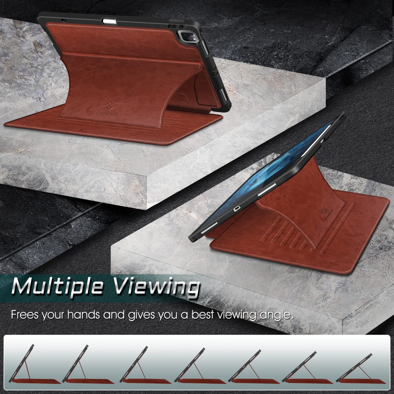 Casebot Magnetic Case For Ipad Pro 12.9 Inch 6Th Generation 2022, Multiple Angle Shockproof Rugged Stand Case, Soft Tpu Back Cover W/Pencil Holder, Also Fit Ipad Pro 12.9' 5Th/4Th/3Rd Gen, Brown