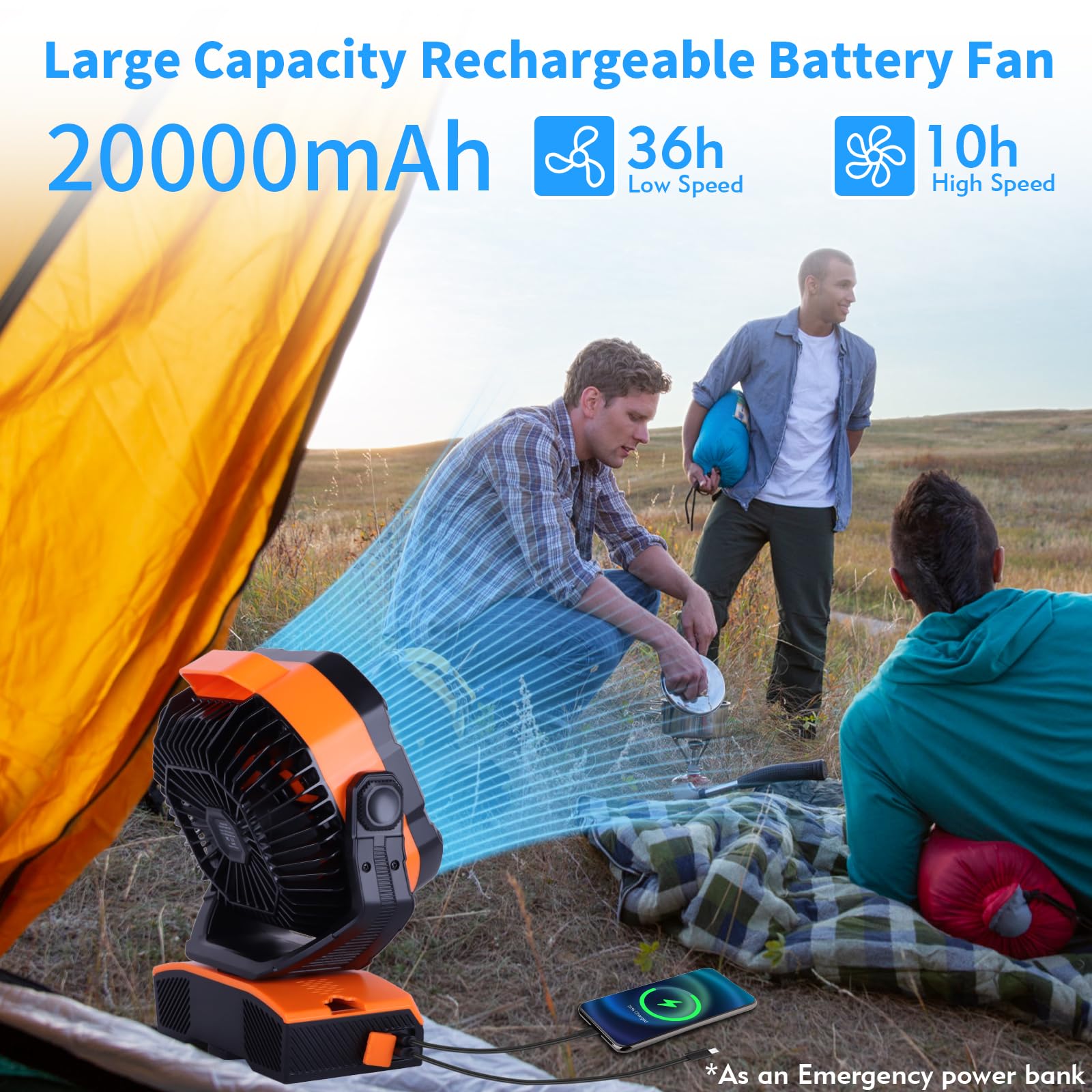 20000Mah Camping Fan Oscillating Fan Portable Fan Battery Powered Fan Rechargeable Camping Fan Essentials Tent Fan Light Hook 27