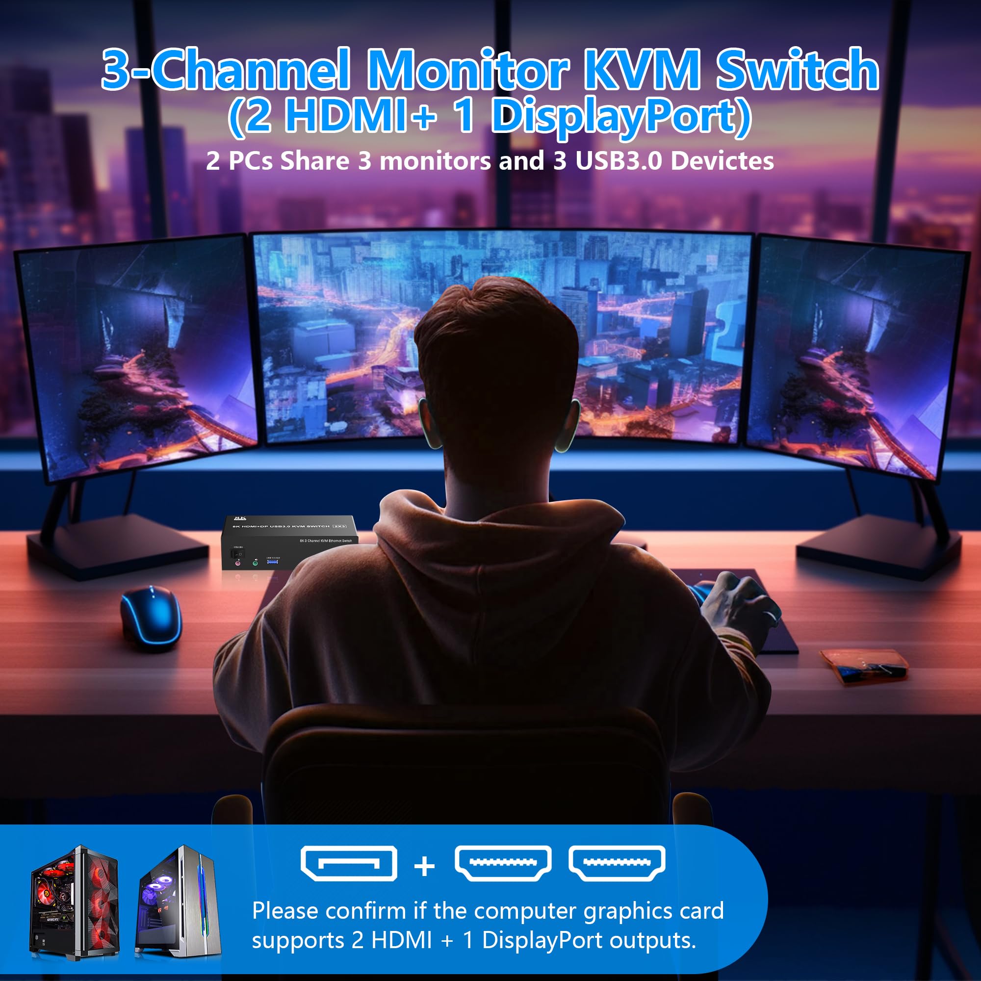 Kvm Switch 3 Monitors 2 Computers 8K@60Hz 4K@144Hz, 2 Hdmi + Displayport Usb3.0 Kvm Switch Triple Monitor For 2 Computer Share 1