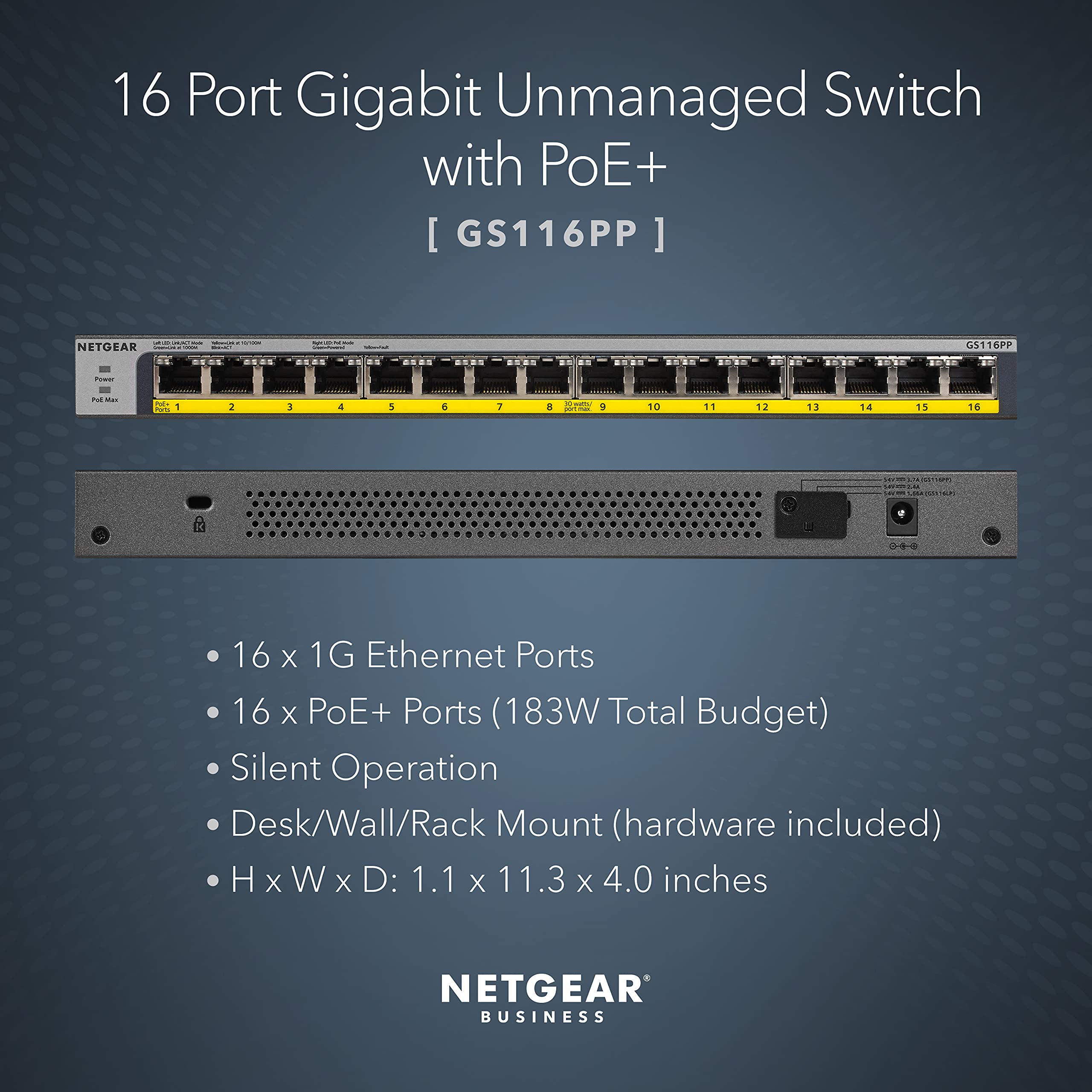 Netgear 16-Port Gigabit Ethernet Unmanaged Poe Switch (Gs116Pp) - With 16 X Poe+ @ 183W, Desktop, Wall Mount Or Rackmount, And L