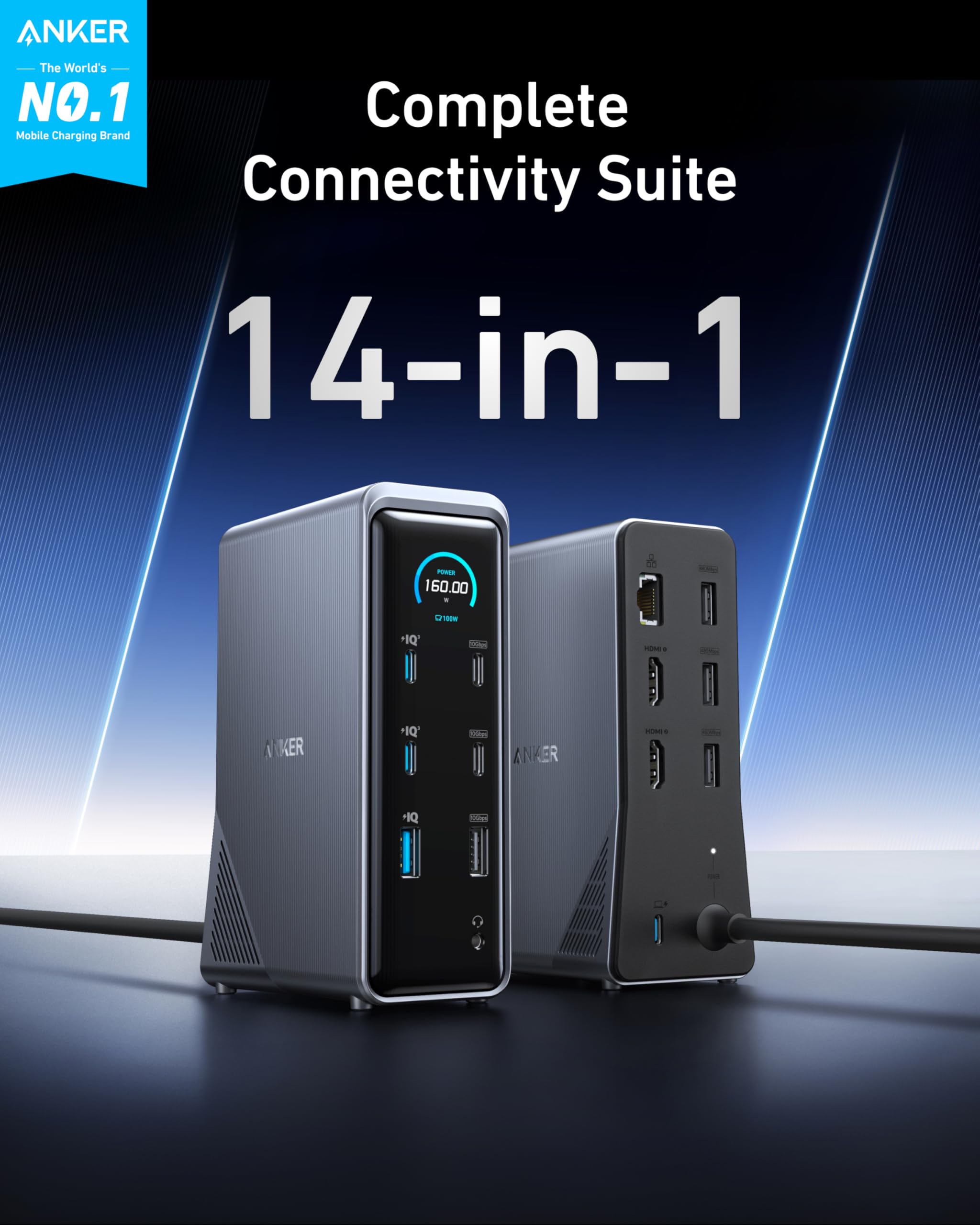 Anker Prime Docking Station, 14 Port With 160W Max Output, 10Gbps Fast Data Transfer, Real Time Smart Interface, Audio And Ether