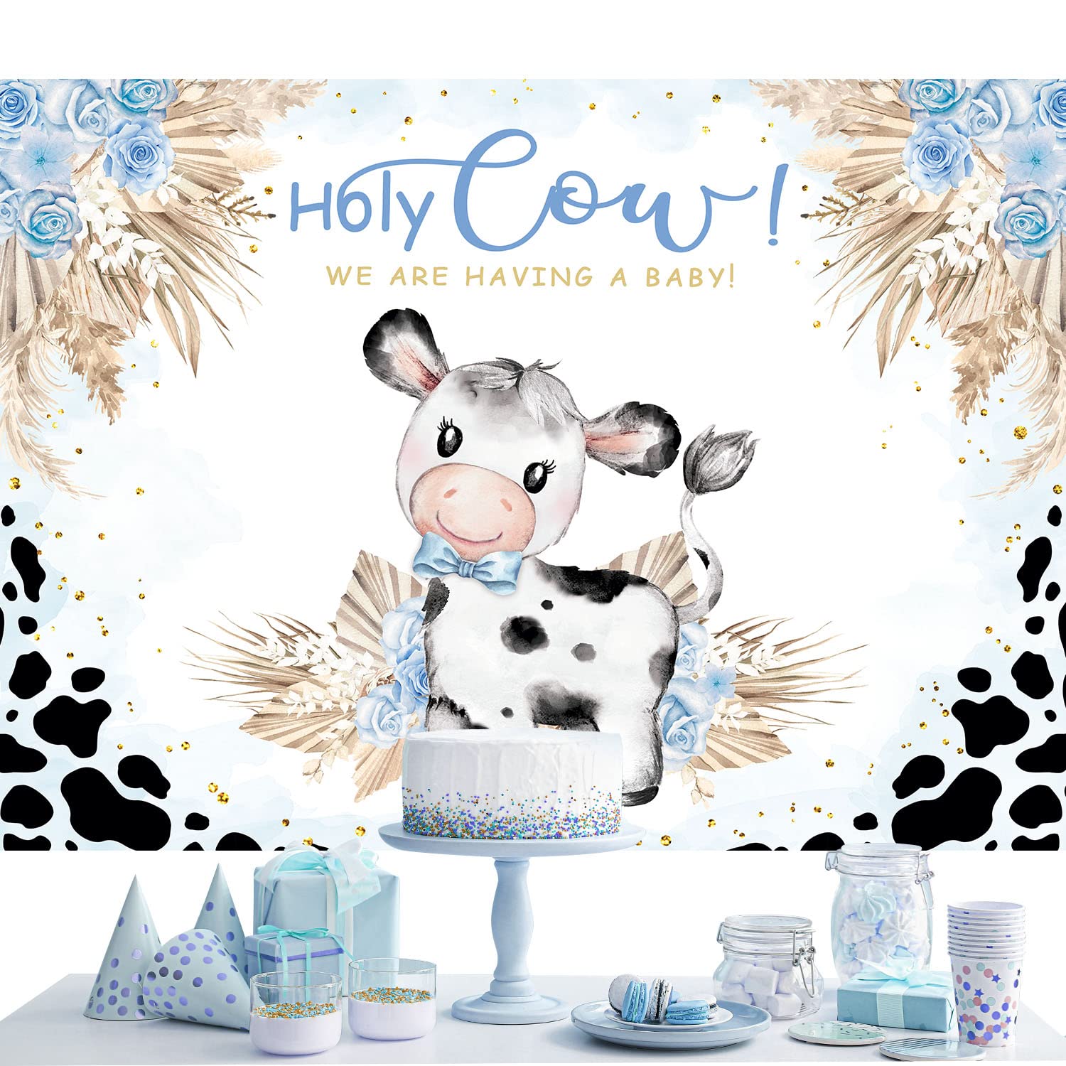 Imirell Holy Cow Baby Shower Backdrop 7Wx5H Feet Farm Blue Cow Print Boys Cowboy Floral Pampas Kids Polyester Fabric Newborn Bir